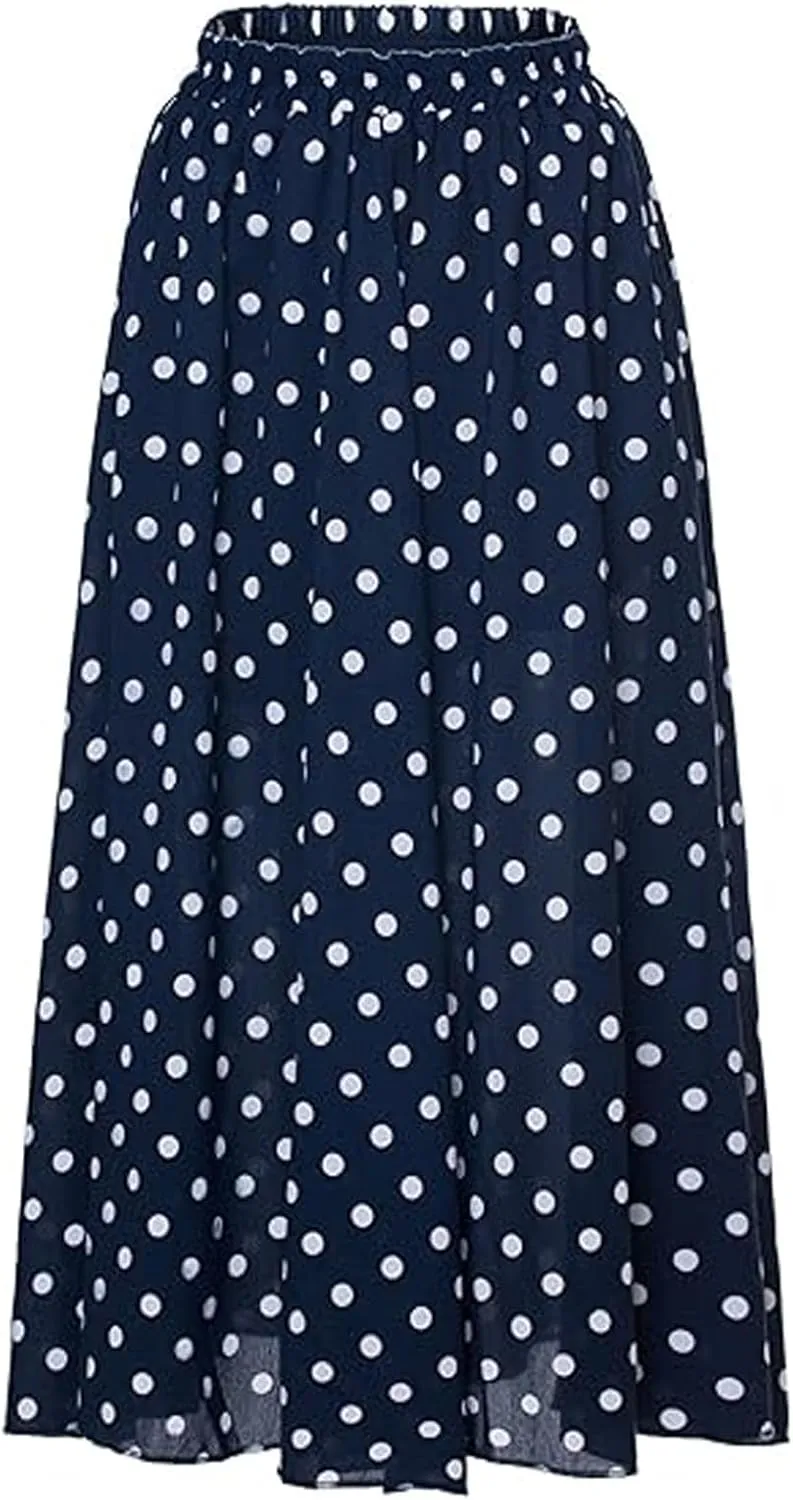 CHARTOU Women's Casual Contrast Polka Dot Chiffon Bohemia Swing Beach Midi A-Line Skirts