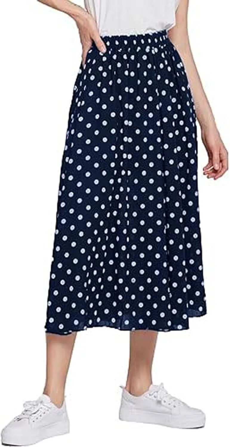 CHARTOU Women's Casual Contrast Polka Dot Chiffon Bohemia Swing Beach Midi A-Line Skirts