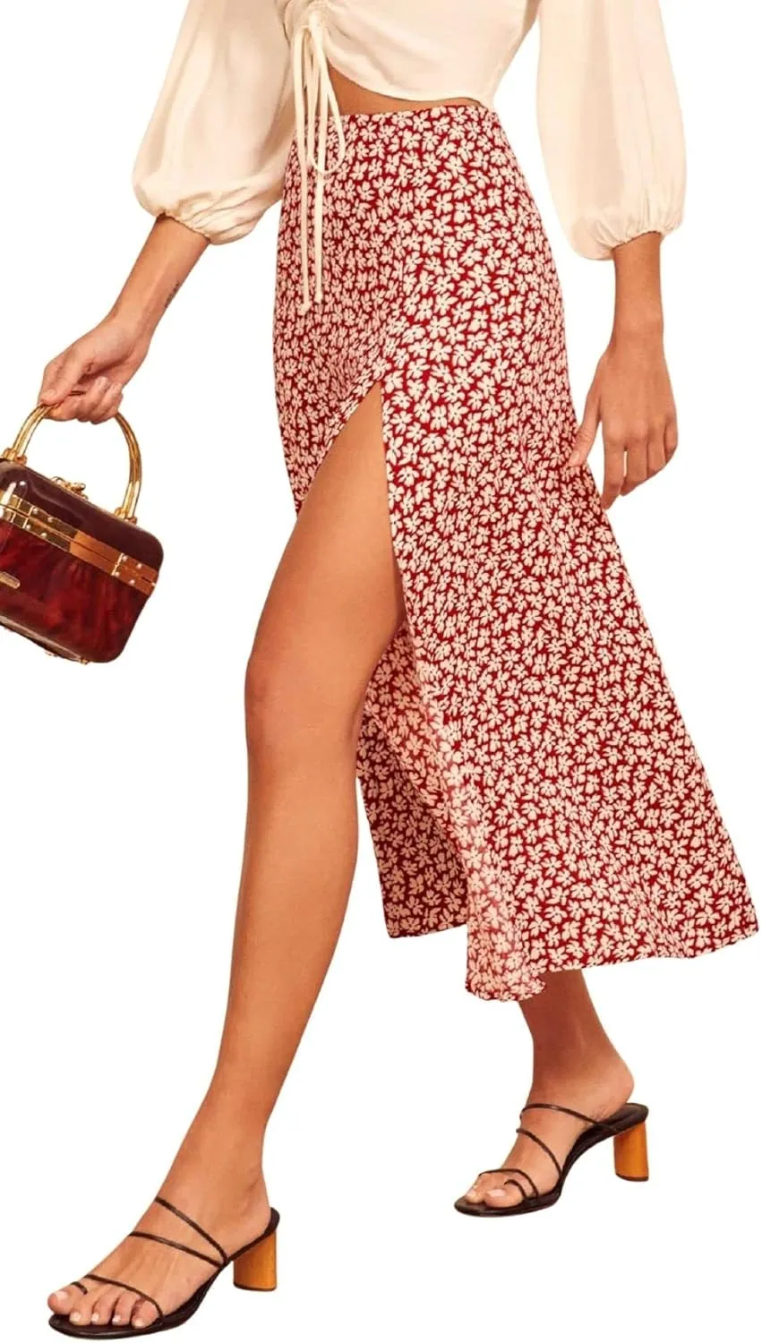 CHARTOU Women's Sexy High Waist Leopard Print Side Slit Boho A-Line Midi Long Skirt
