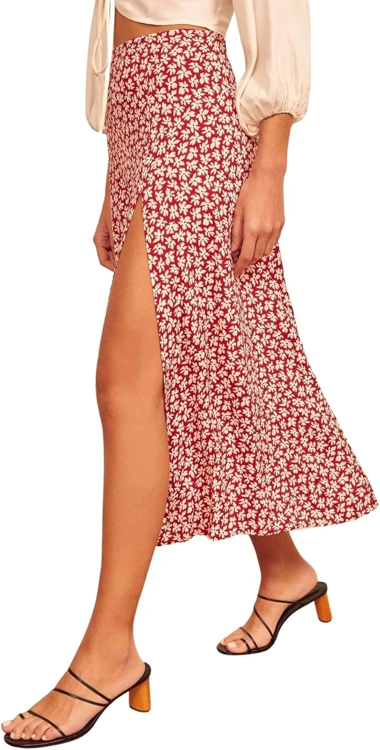 CHARTOU Women's Sexy High Waist Leopard Print Side Slit Boho A-Line Midi Long Skirt