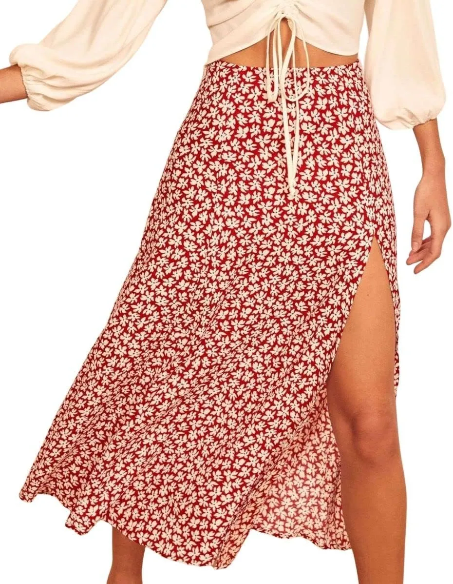 CHARTOU Women's Sexy High Waist Leopard Print Side Slit Boho A-Line Midi Long Skirt