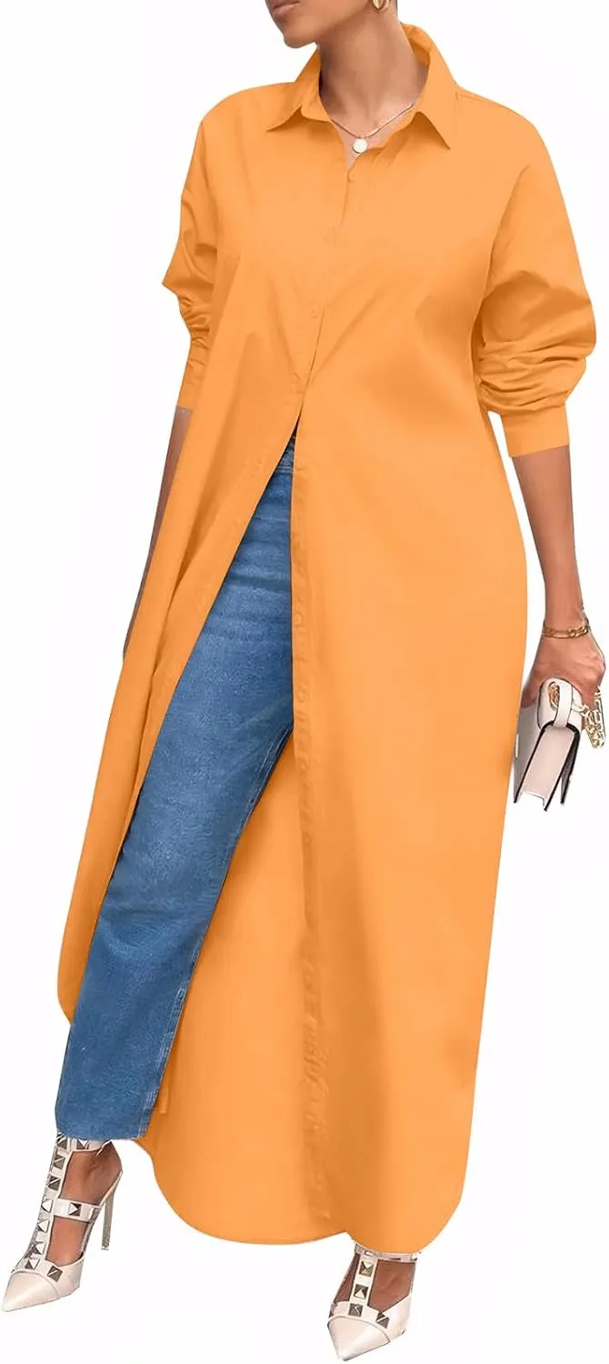 Choichic Shirt Dresses for Women Casual Long Sleeve Cotton Button Down Maxi Dresses