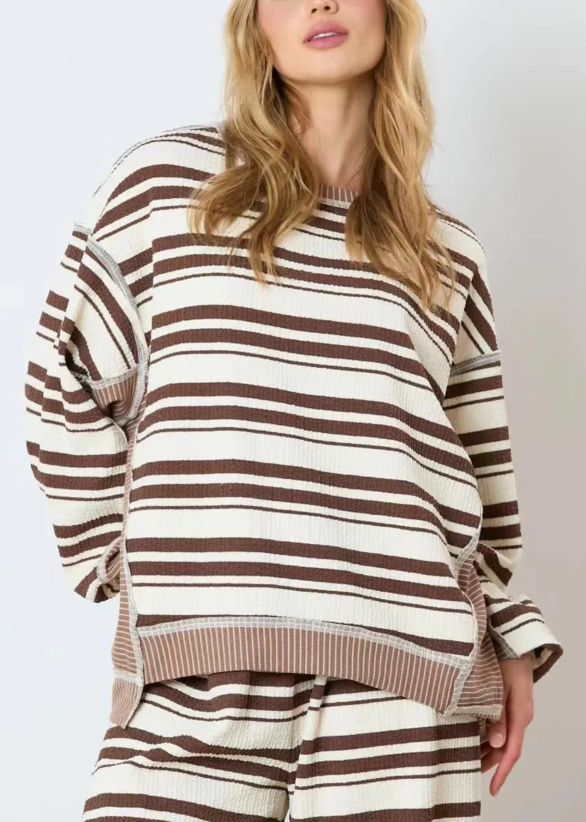 chouyatou Women's 2 Piece Sets Loose Fit Striped Sweater and Wide Leg Pant Two Piece Outfits Loungewear