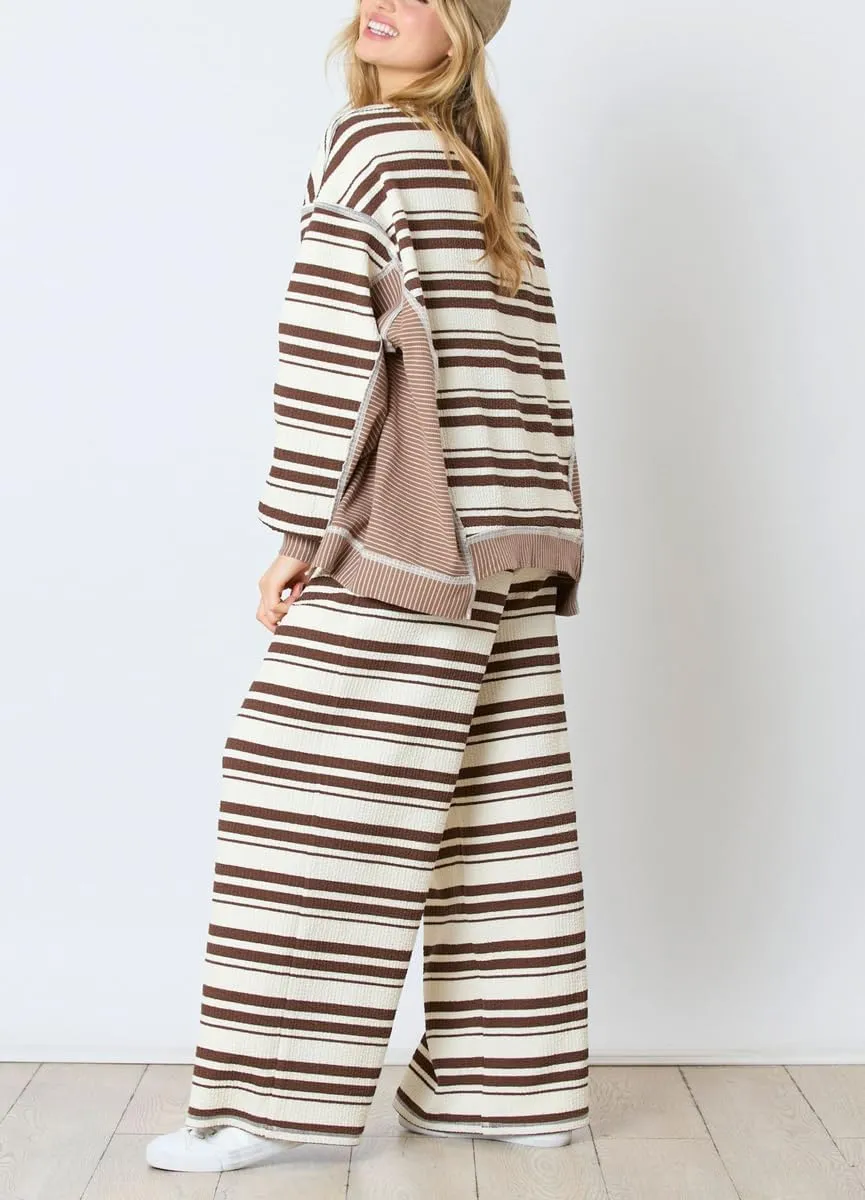 chouyatou Women's 2 Piece Sets Loose Fit Striped Sweater and Wide Leg Pant Two Piece Outfits Loungewear