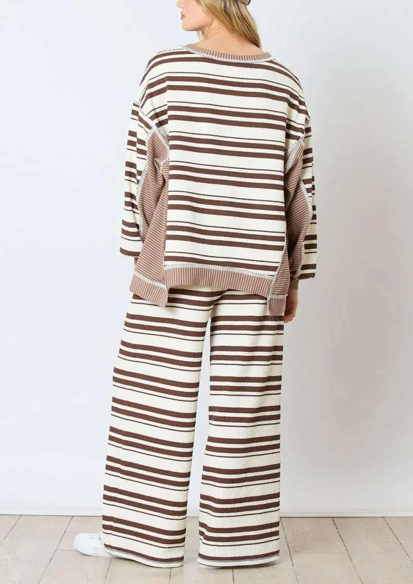 chouyatou Women's 2 Piece Sets Loose Fit Striped Sweater and Wide Leg Pant Two Piece Outfits Loungewear