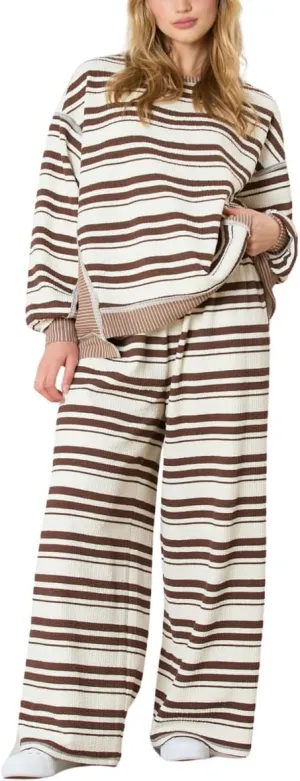 chouyatou Women's 2 Piece Sets Loose Fit Striped Sweater and Wide Leg Pant Two Piece Outfits Loungewear