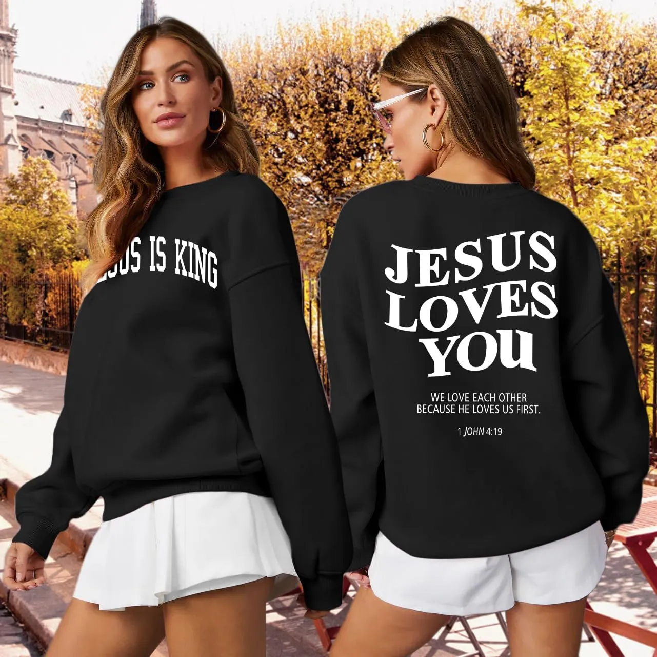 Christian Sweatshirts for Women - Jesus is King & Jesus Loves You Letter Sweatshirt & Sweater
