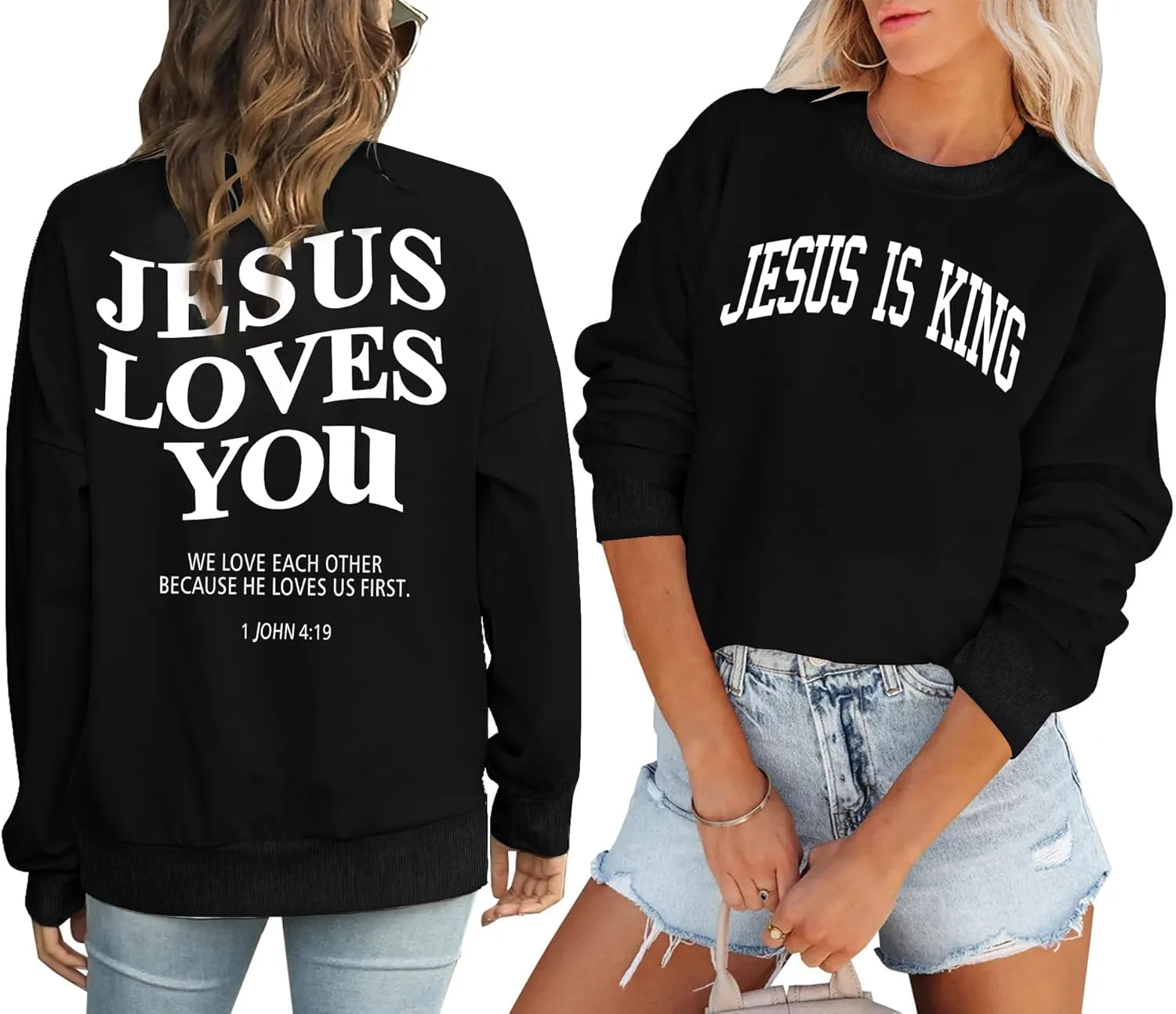 Christian Sweatshirts for Women - Jesus is King & Jesus Loves You Letter Sweatshirt & Sweater