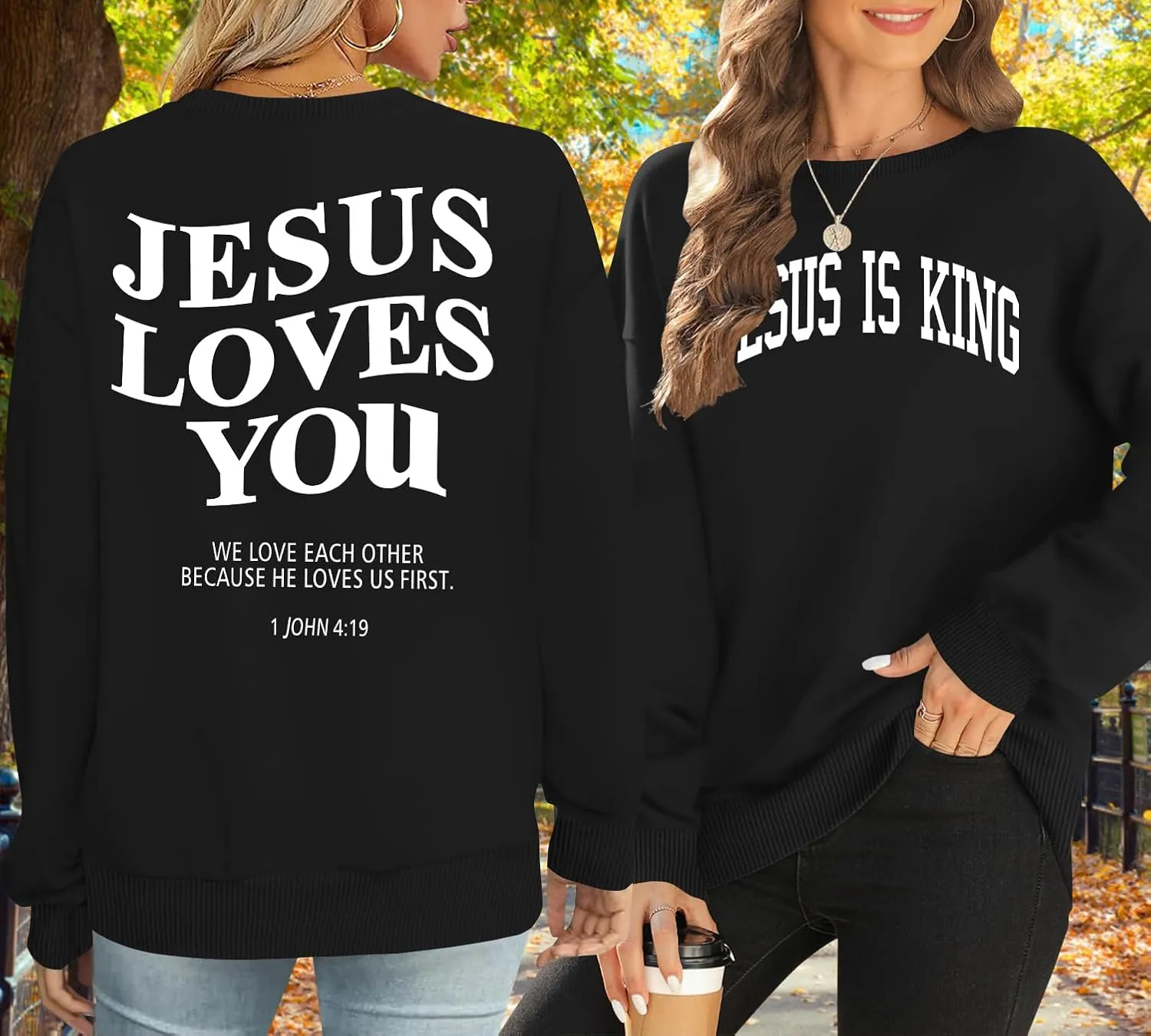 Christian Sweatshirts for Women - Jesus is King & Jesus Loves You Letter Sweatshirt & Sweater