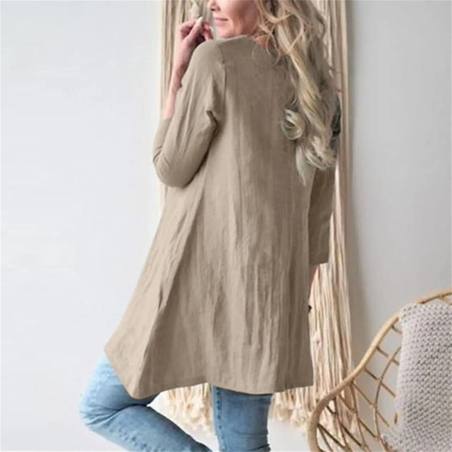 Cotton Linen Summer Midi Dresses for Women 2025 Vacation Loose 3/4 Sleeve Round Neck Tops Tunic Dresses with Pockets