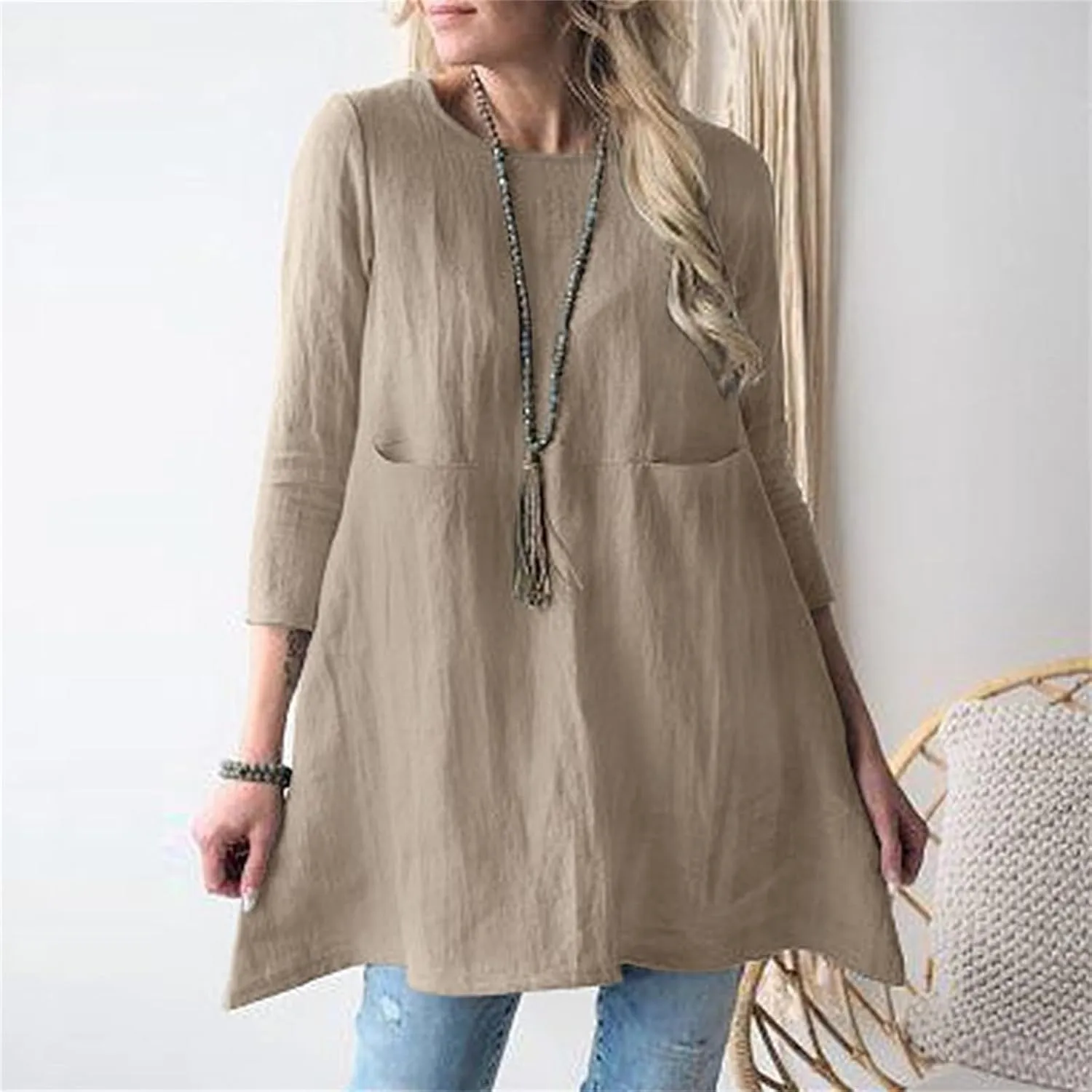 Cotton Linen Summer Midi Dresses for Women 2025 Vacation Loose 3/4 Sleeve Round Neck Tops Tunic Dresses with Pockets