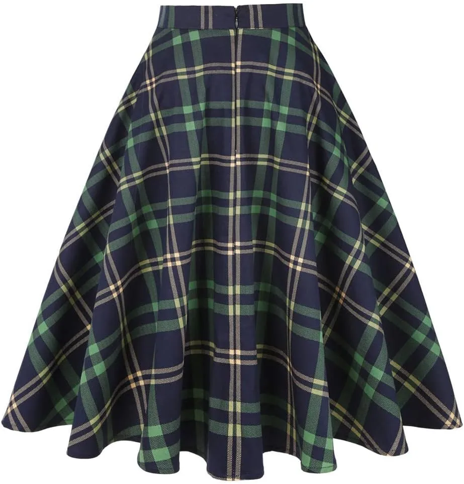 Cotton Long Midi Skirt High Waist Women Ladies Winter Autumn Swing Vintage Plaid Skirt