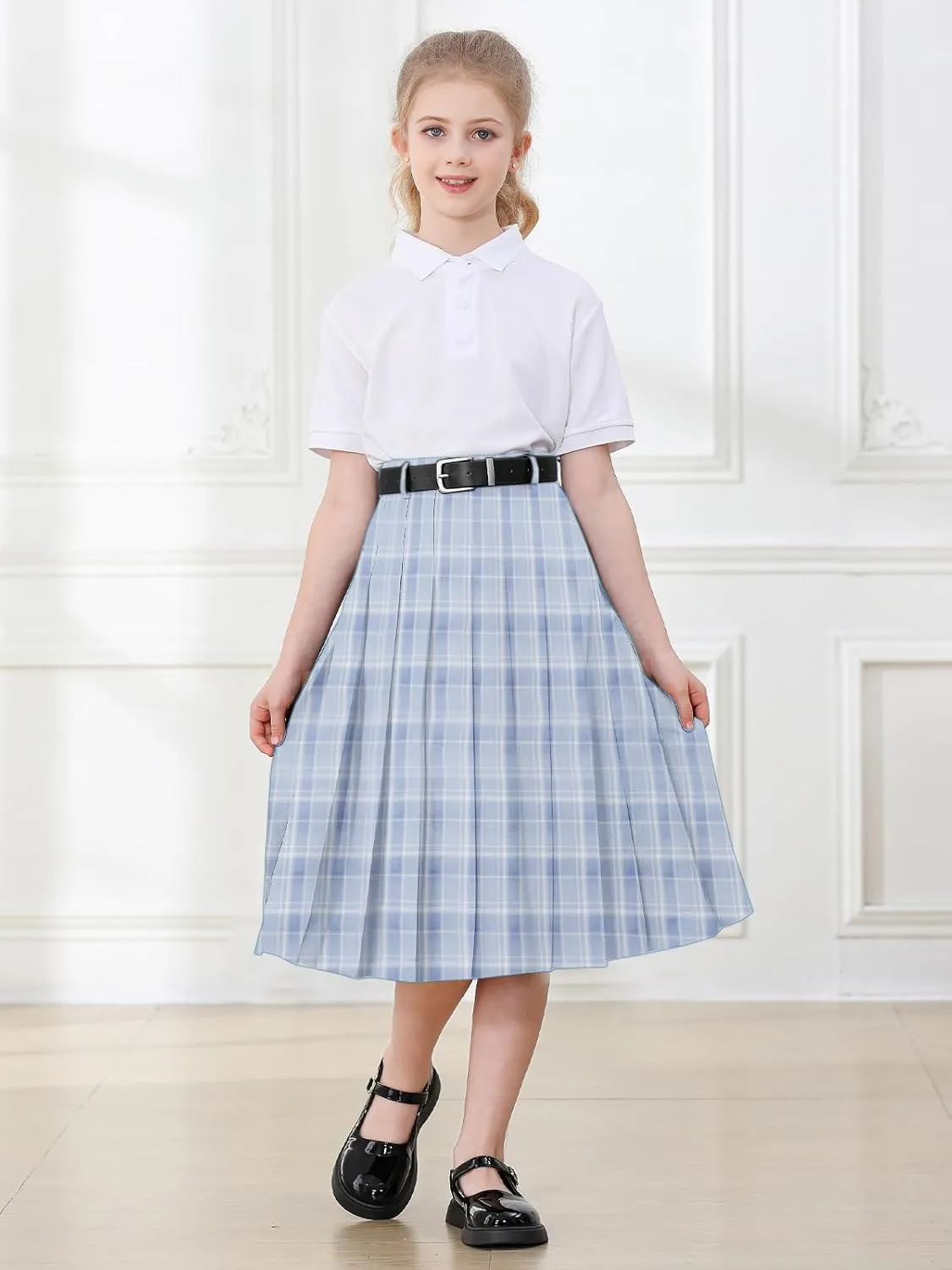 Cromoncent Girls Womens High Waist Pleated Long Skirt with Pockets