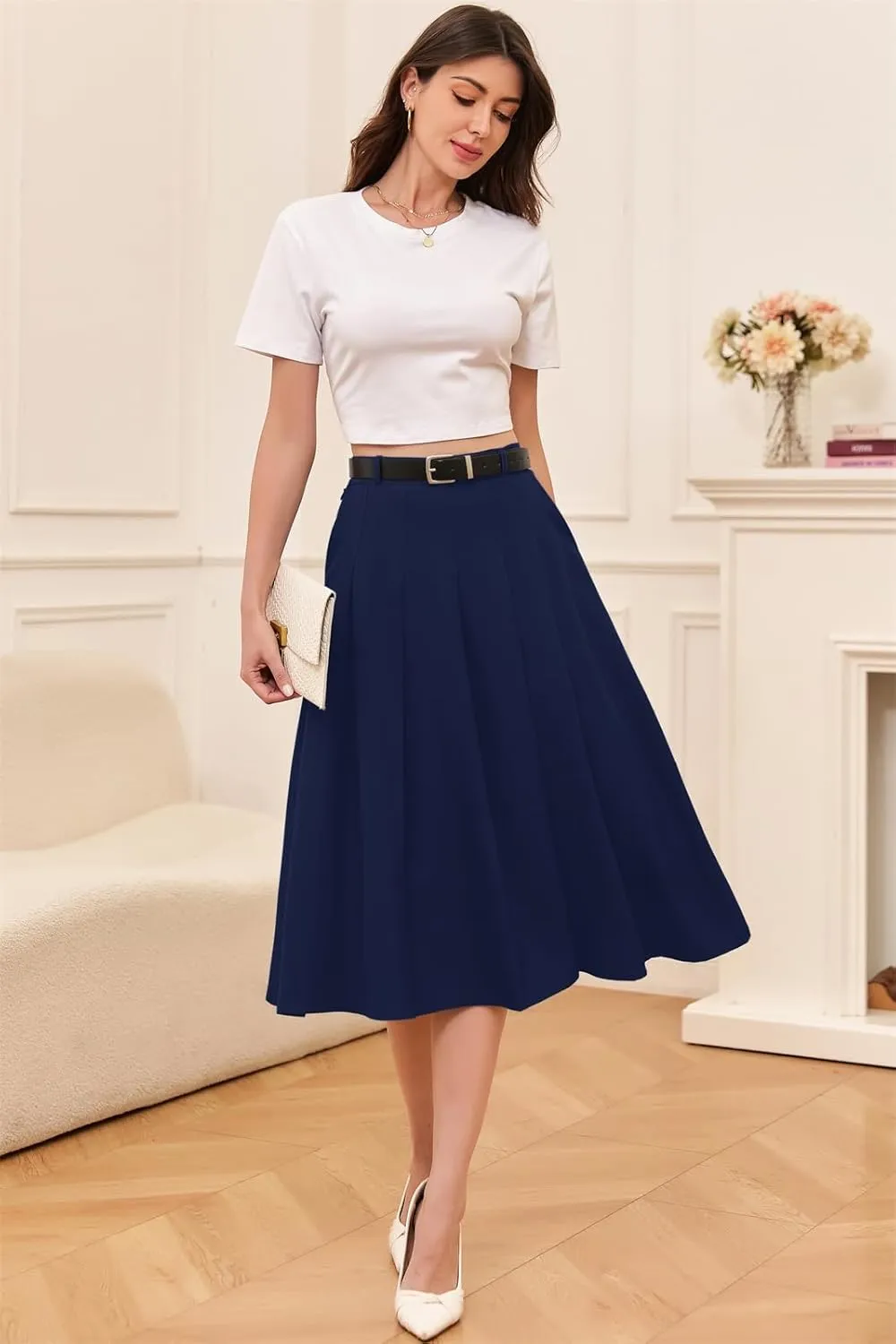 Cromoncent Girls Womens High Waist Pleated Long Skirt with Pockets