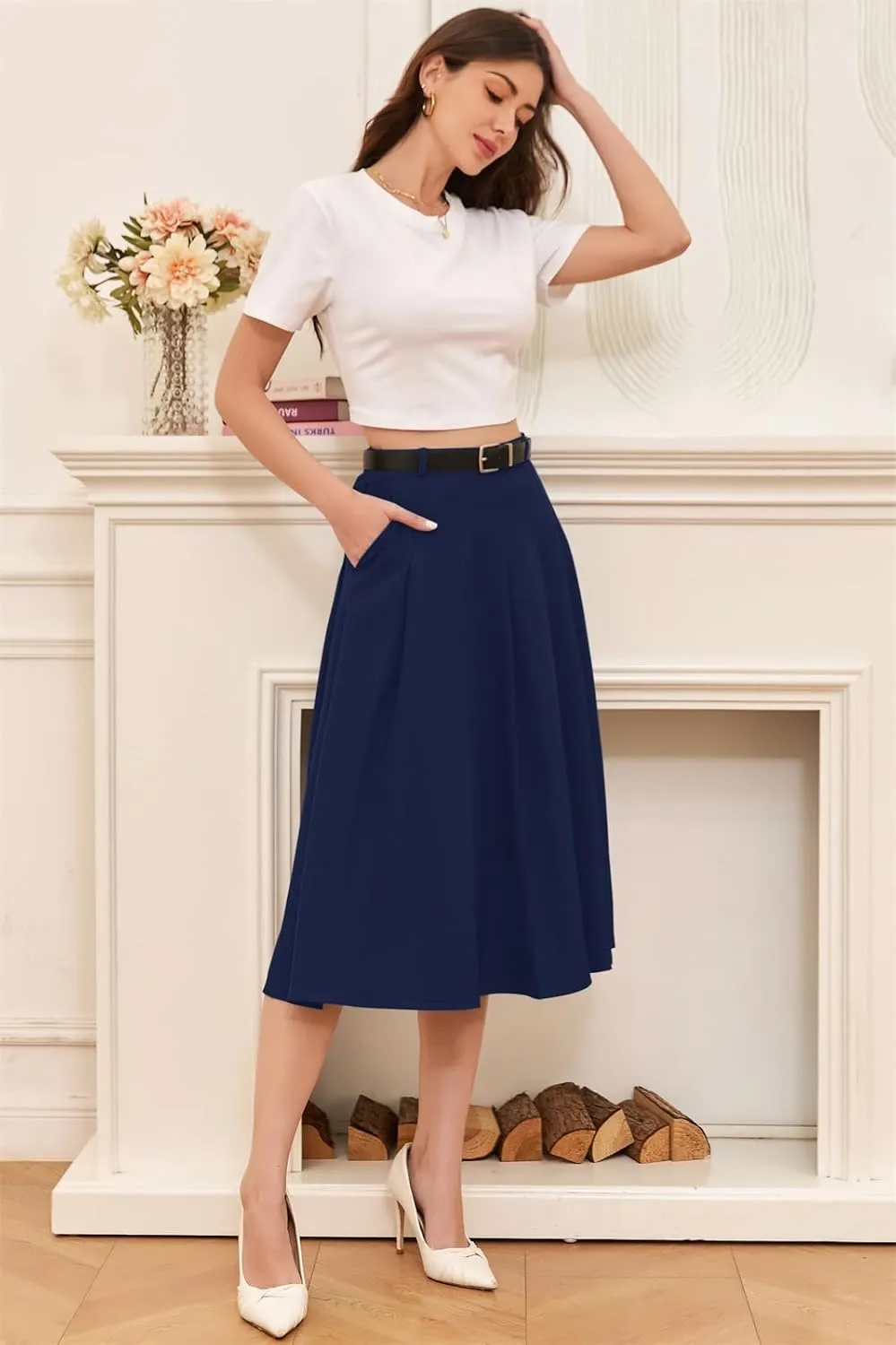 Cromoncent Girls Womens High Waist Pleated Long Skirt with Pockets