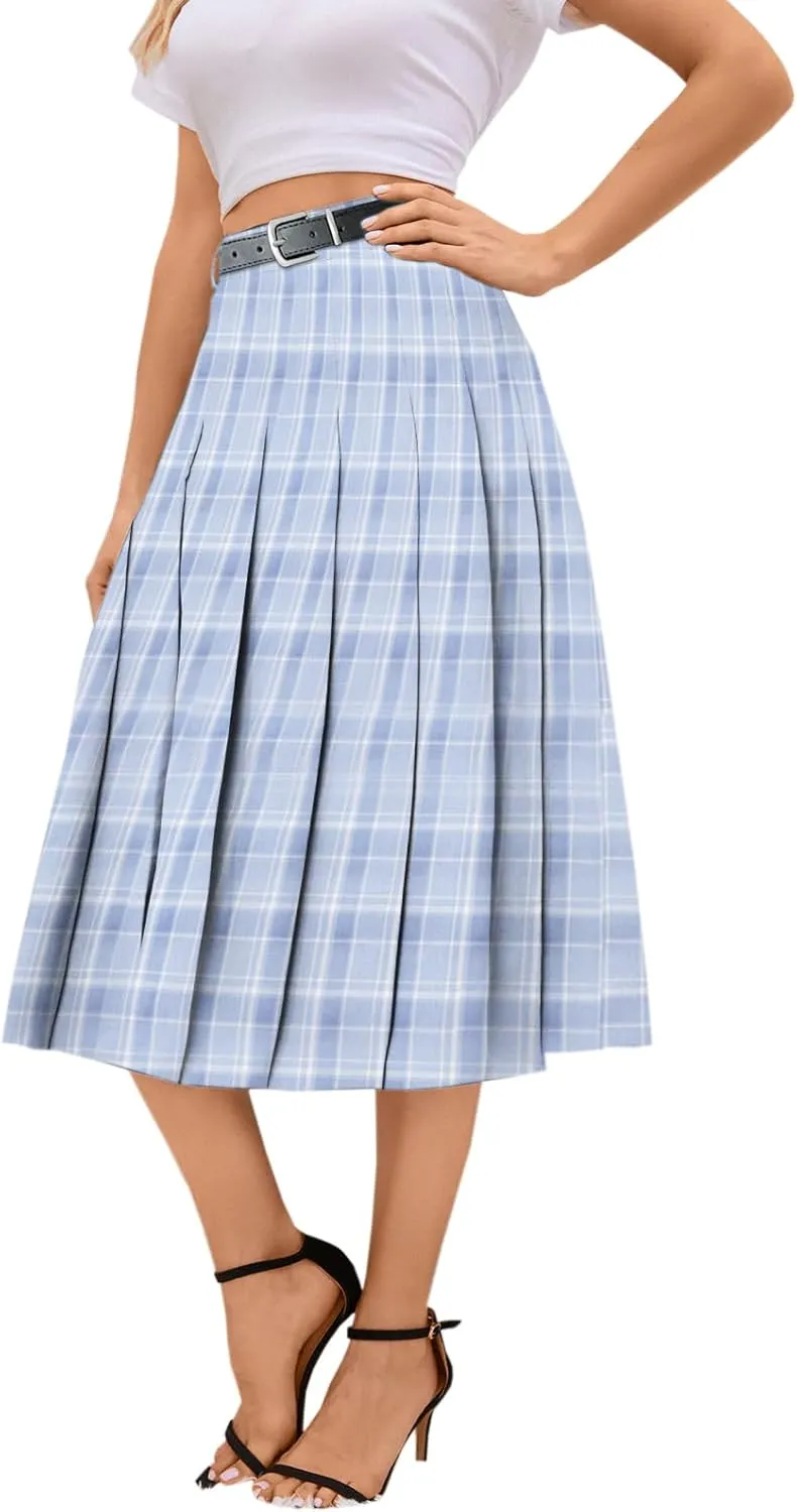 Cromoncent Girls Womens High Waist Pleated Long Skirt with Pockets