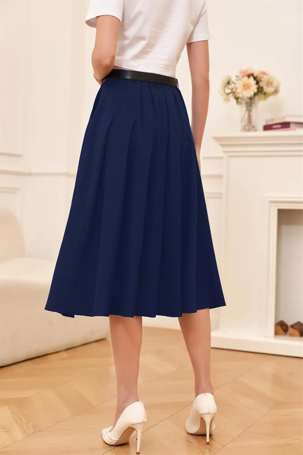 Cromoncent Girls Womens High Waist Pleated Long Skirt with Pockets