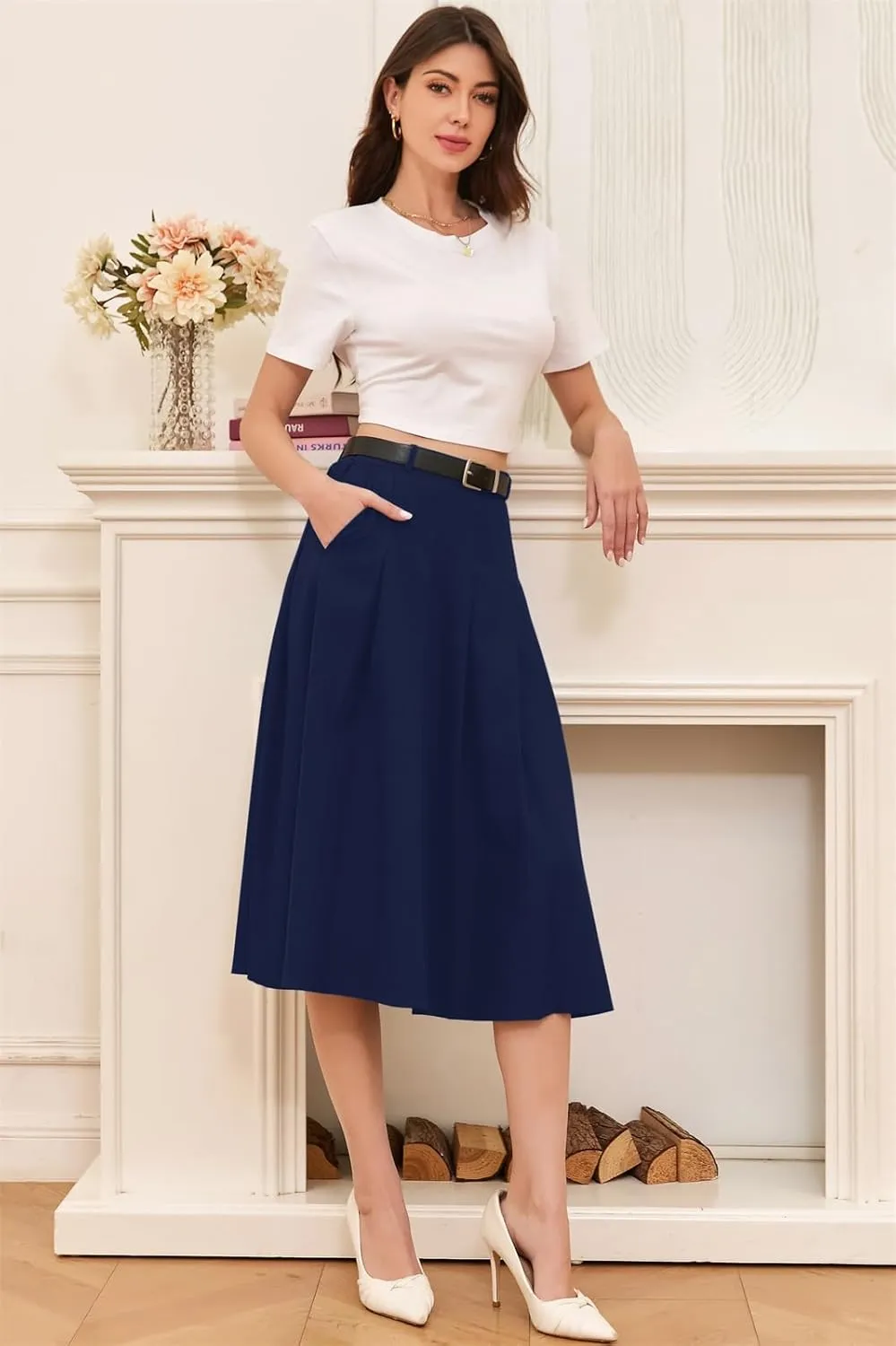 Cromoncent Girls Womens High Waist Pleated Long Skirt with Pockets