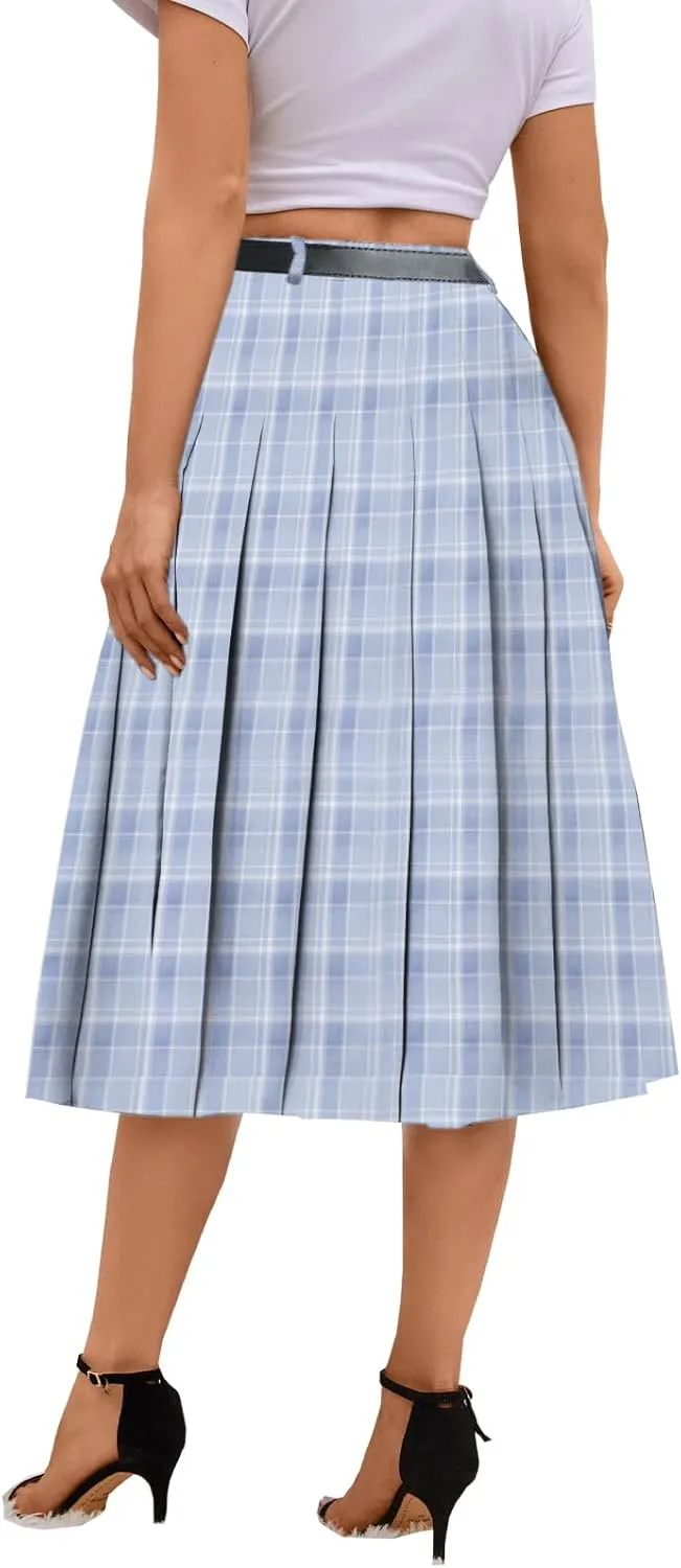 Cromoncent Girls Womens High Waist Pleated Long Skirt with Pockets