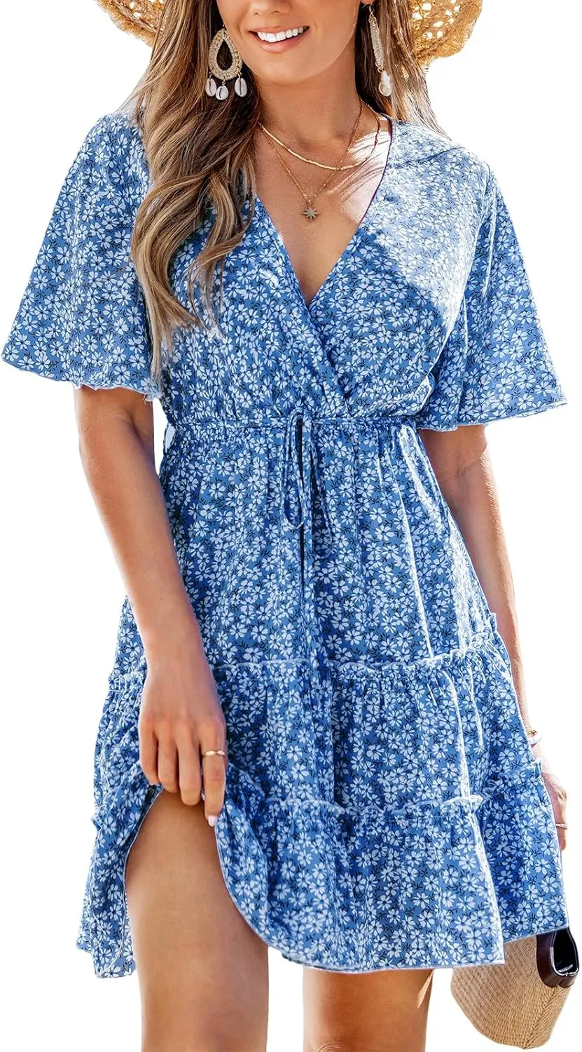 CUPSHE Women's V Neck Short Sleeve Waist Tie Ruffled Trim Print Mini Dress Summer Beach Short Dress