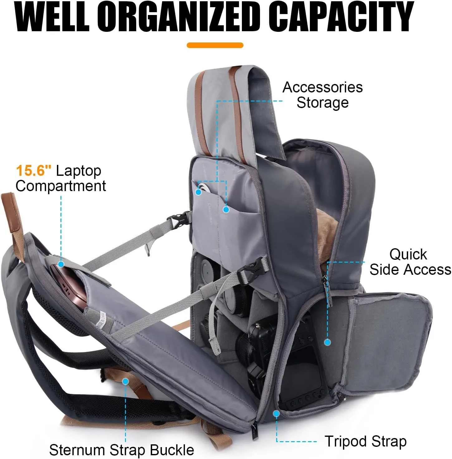 Cwatcun Outdoor Camera Backpack Waterproof Anti-Theft Camera Bag, Photography Travel Camera Case with Tripod Holder, 15.6" Laptop Compartment for Canon Nikon Sony SLR DSLR Camera, Lens and Accessories