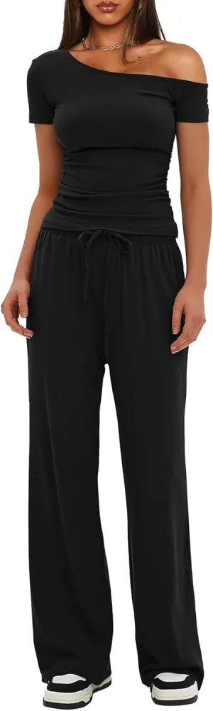 Darong Women's 2 Piece Outfits Lounge Sets Off Shoulder Short Sleeve Tops and High Waisted Wide Leg Pants Tracksuit Sets