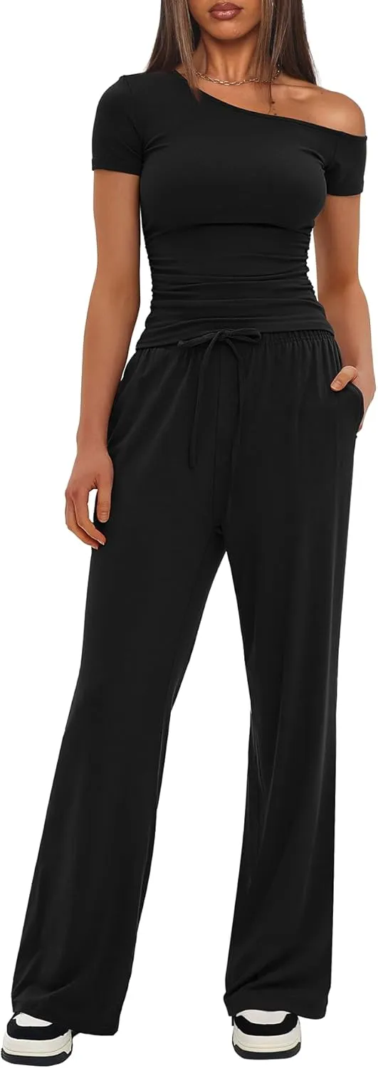 Darong Women's 2 Piece Outfits Lounge Sets Off Shoulder Short Sleeve Tops and High Waisted Wide Leg Pants Tracksuit Sets