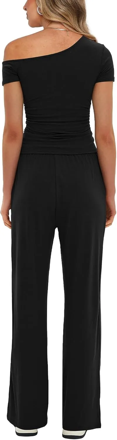 Darong Women's 2 Piece Outfits Lounge Sets Off Shoulder Short Sleeve Tops and High Waisted Wide Leg Pants Tracksuit Sets