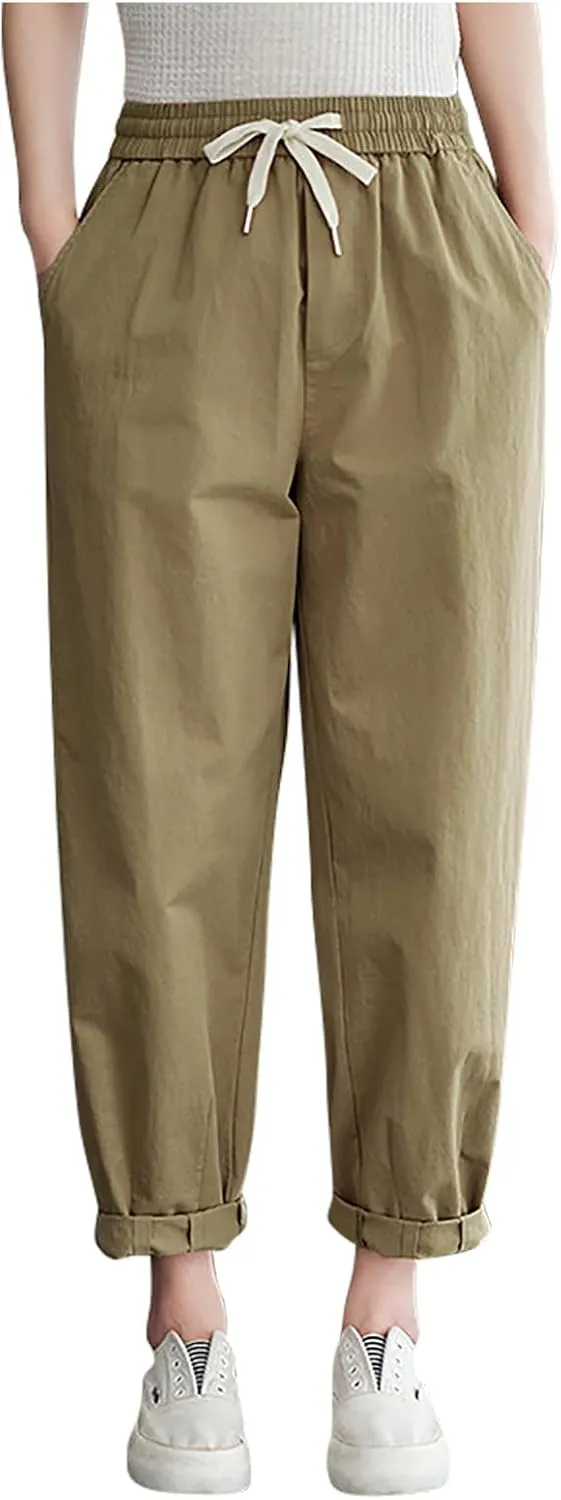 DASAYO Womens Linen Pants Drawstring Elastic Waist Straight Leg Casual Trousers with Pockets Spring Summer Clothes Fashion