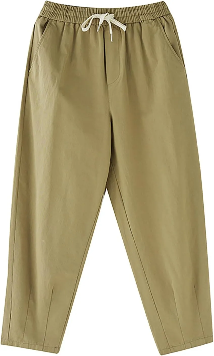 DASAYO Womens Linen Pants Drawstring Elastic Waist Straight Leg Casual Trousers with Pockets Spring Summer Clothes Fashion