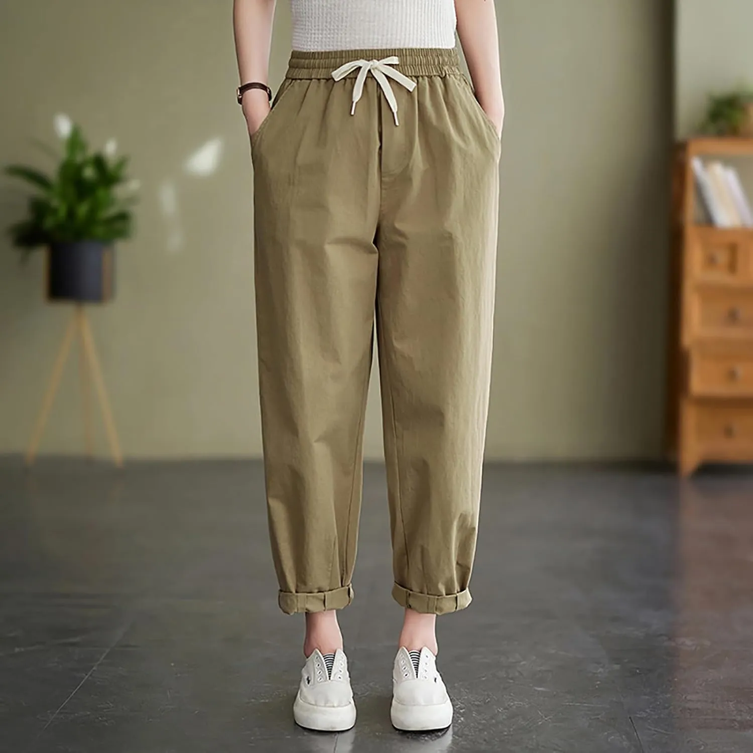DASAYO Womens Linen Pants Drawstring Elastic Waist Straight Leg Casual Trousers with Pockets Spring Summer Clothes Fashion