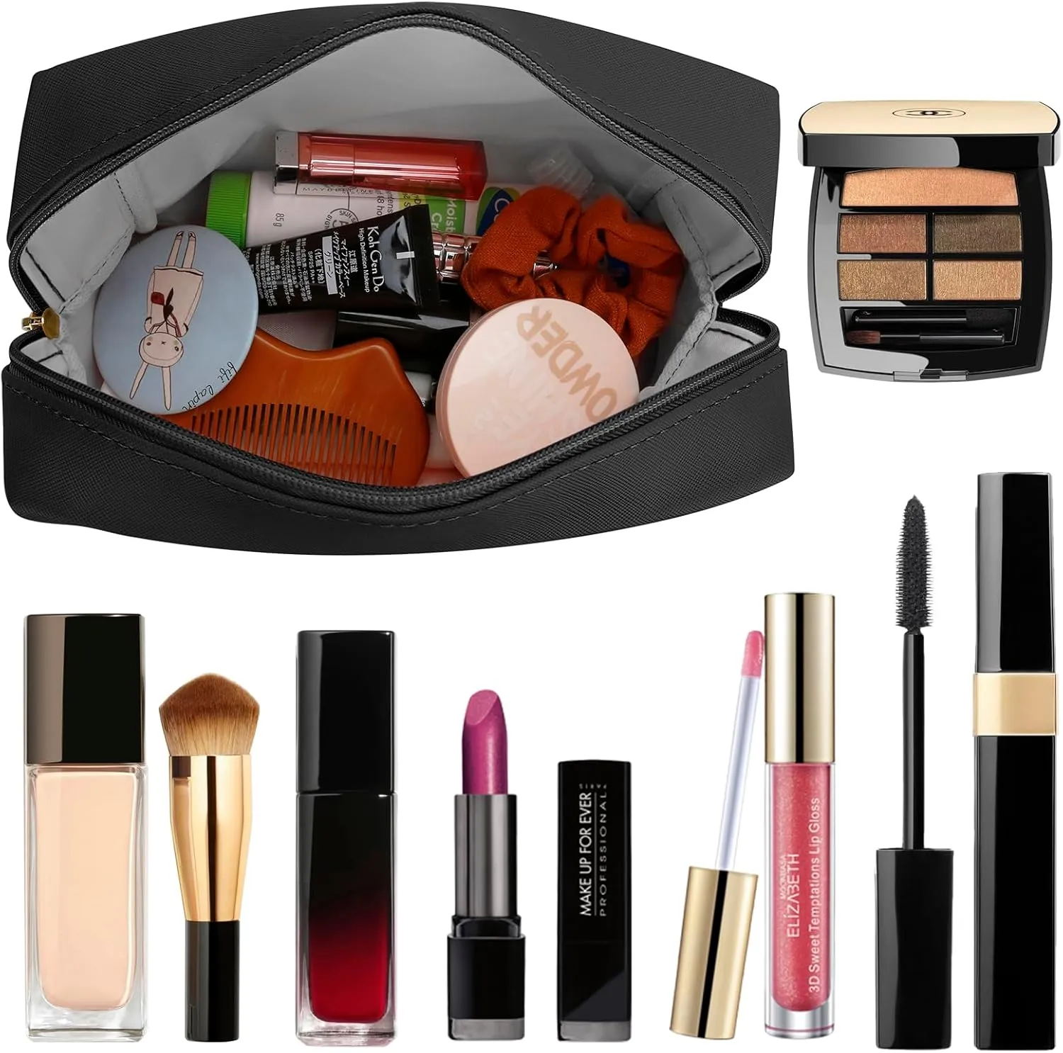 DOB SECHS PU Leather Cosmetic Bag Portable Toiletry Bag for Daily Use Cosmetic Organizer Water-resistant Make up Organizer Light Weight Travel Makeup Bag Cosmetic Pouch (Black, L)