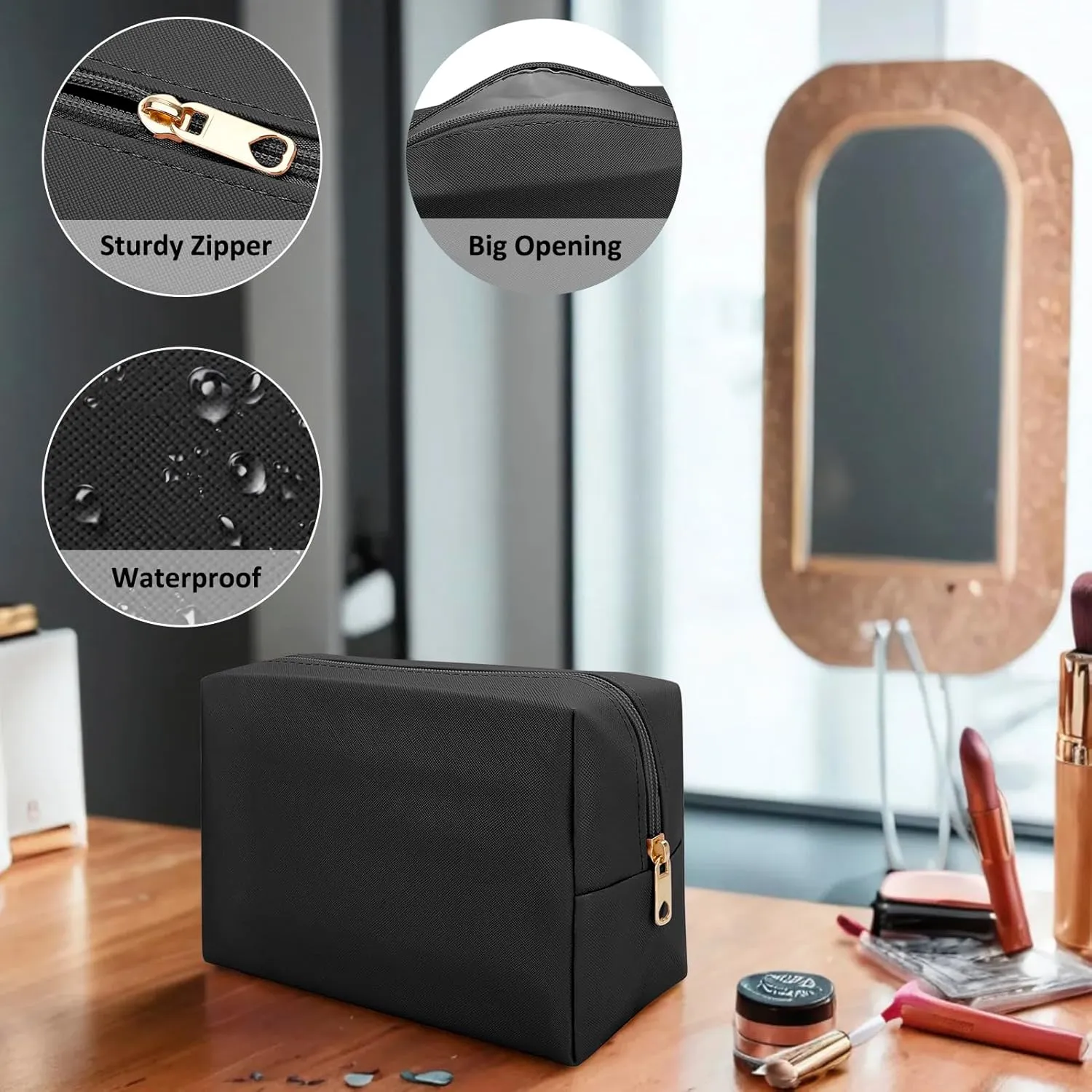 DOB SECHS PU Leather Cosmetic Bag Portable Toiletry Bag for Daily Use Cosmetic Organizer Water-resistant Make up Organizer Light Weight Travel Makeup Bag Cosmetic Pouch (Black, L)