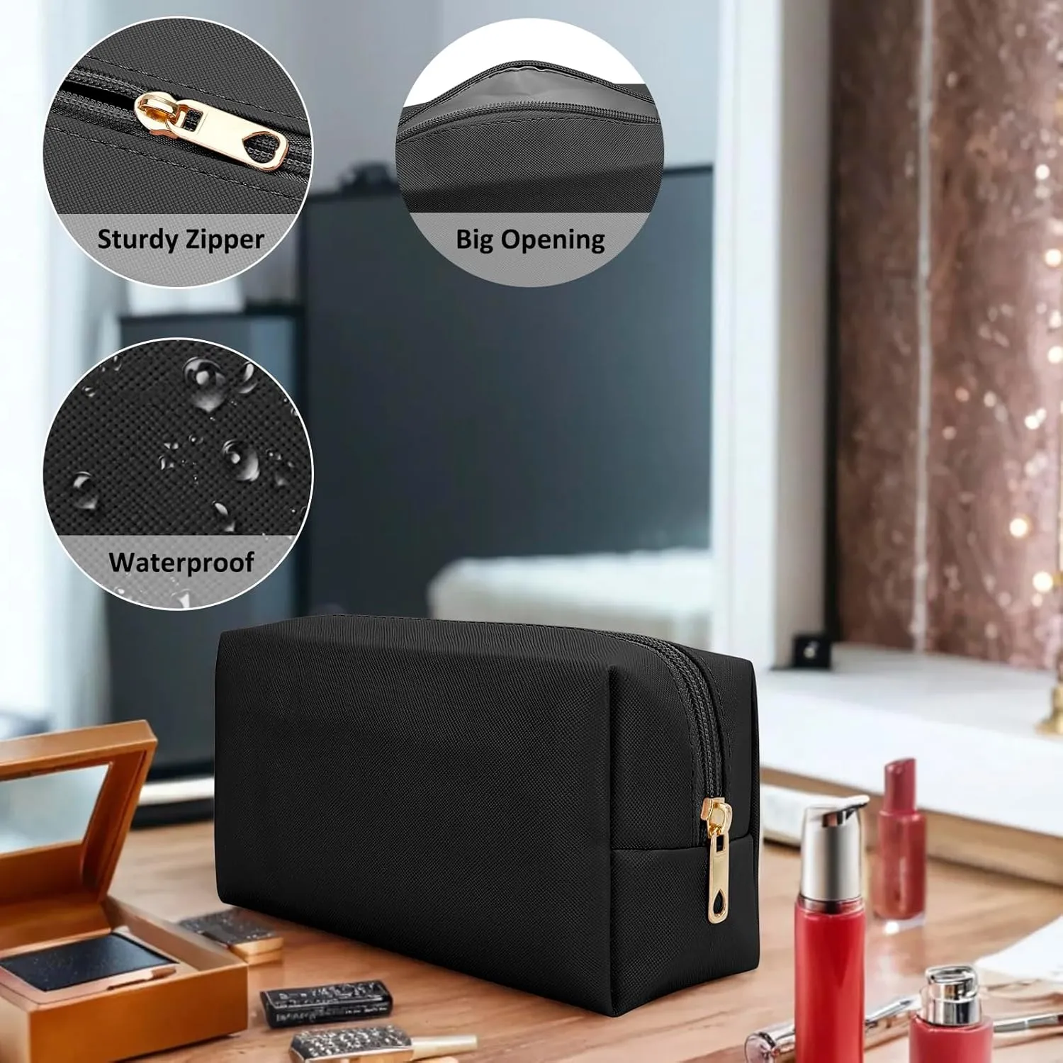 DOB SECHS PU Leather Cosmetic Bag Portable Toiletry Bag for Daily Use Cosmetic Organizer Water-resistant Make up Organizer Light Weight Travel Makeup Bag Cosmetic Pouch (Black, S)