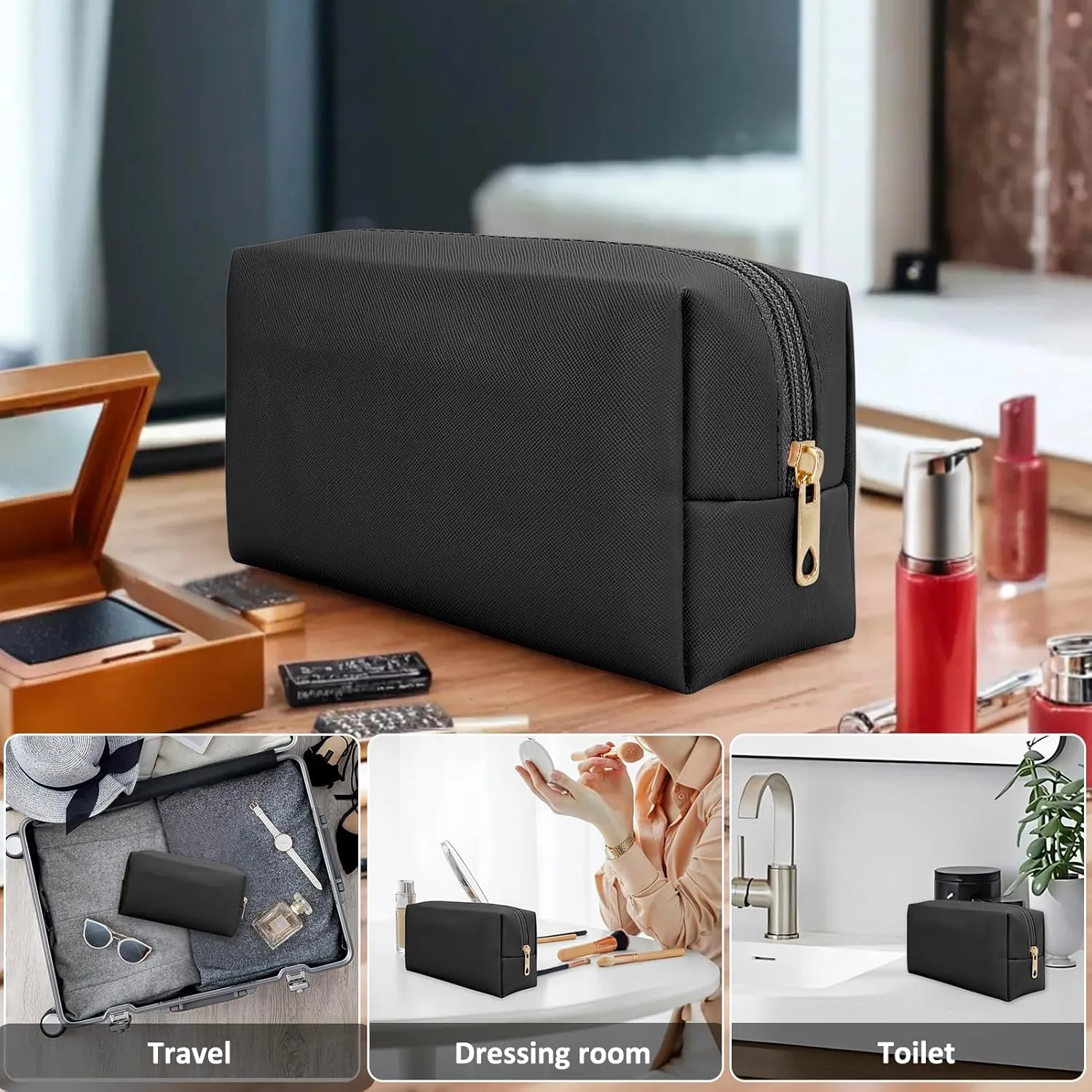 DOB SECHS PU Leather Cosmetic Bag Portable Toiletry Bag for Daily Use Cosmetic Organizer Water-resistant Make up Organizer Light Weight Travel Makeup Bag Cosmetic Pouch (Black, S)