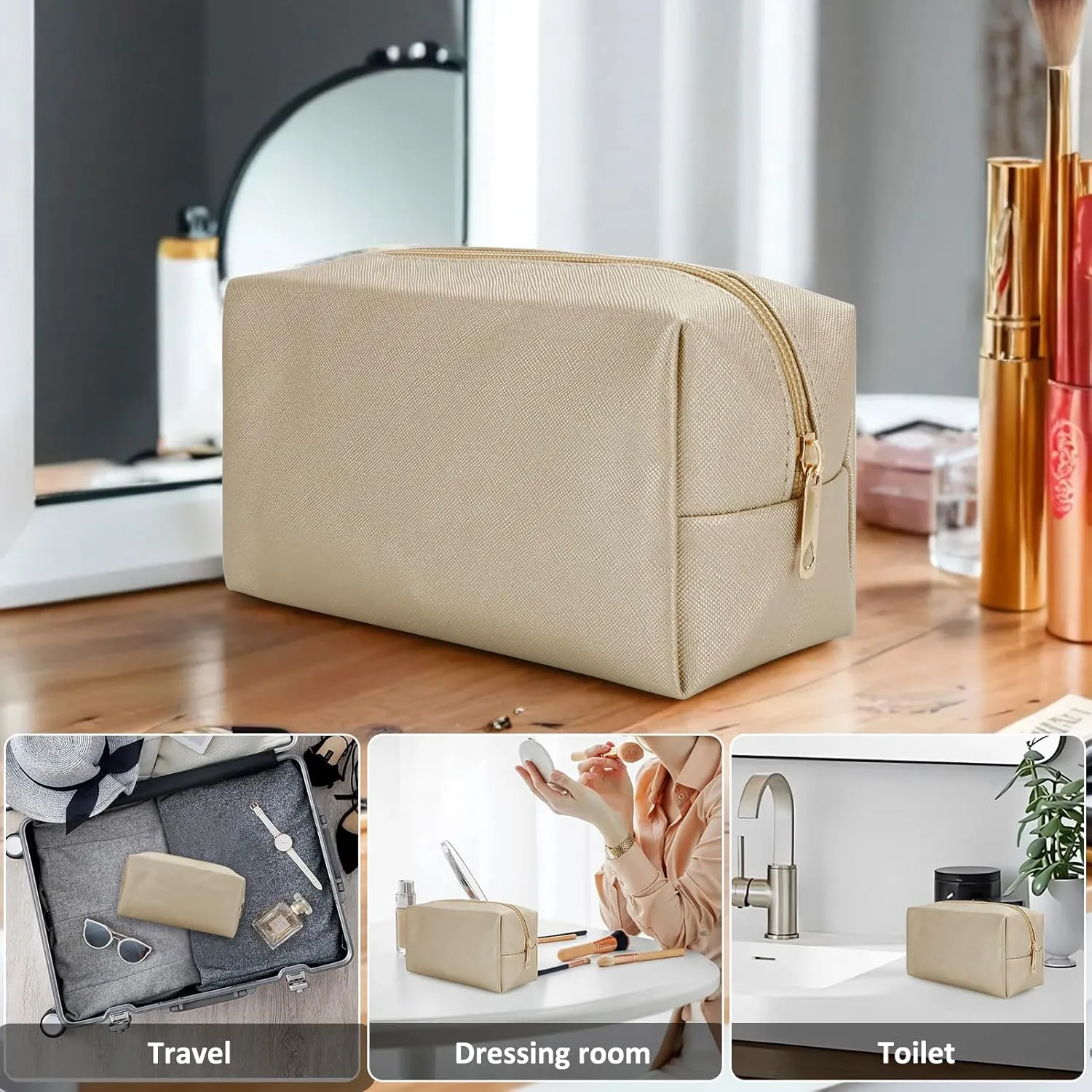 DOB SECHS PU Leather Cosmetic Bag Portable Toiletry Bag for Daily Use Cosmetic Organizer Water-resistant Make up Organizer Light Weight Travel Makeup Bag Cosmetic Pouch (Golden, S)