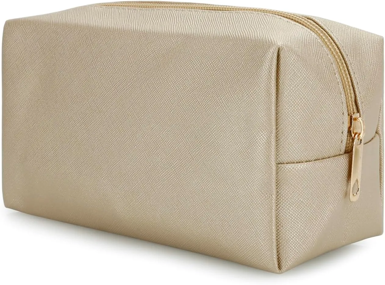 DOB SECHS PU Leather Cosmetic Bag Portable Toiletry Bag for Daily Use Cosmetic Organizer Water-resistant Make up Organizer Light Weight Travel Makeup Bag Cosmetic Pouch (Golden, S)