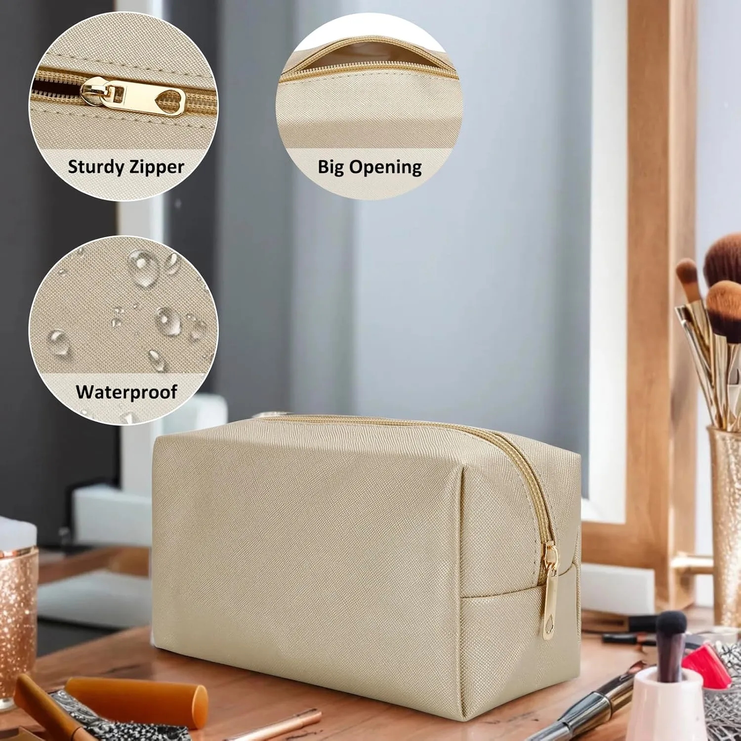 DOB SECHS PU Leather Cosmetic Bag Portable Toiletry Bag for Daily Use Cosmetic Organizer Water-resistant Make up Organizer Light Weight Travel Makeup Bag Cosmetic Pouch (Golden, S)