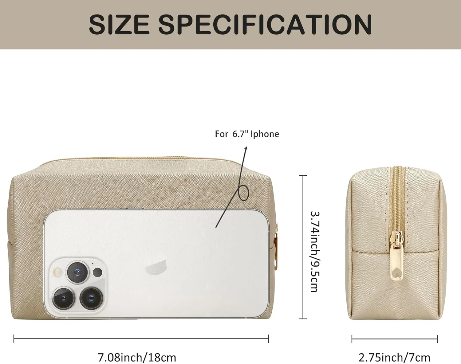 DOB SECHS PU Leather Cosmetic Bag Portable Toiletry Bag for Daily Use Cosmetic Organizer Water-resistant Make up Organizer Light Weight Travel Makeup Bag Cosmetic Pouch (Golden, S)