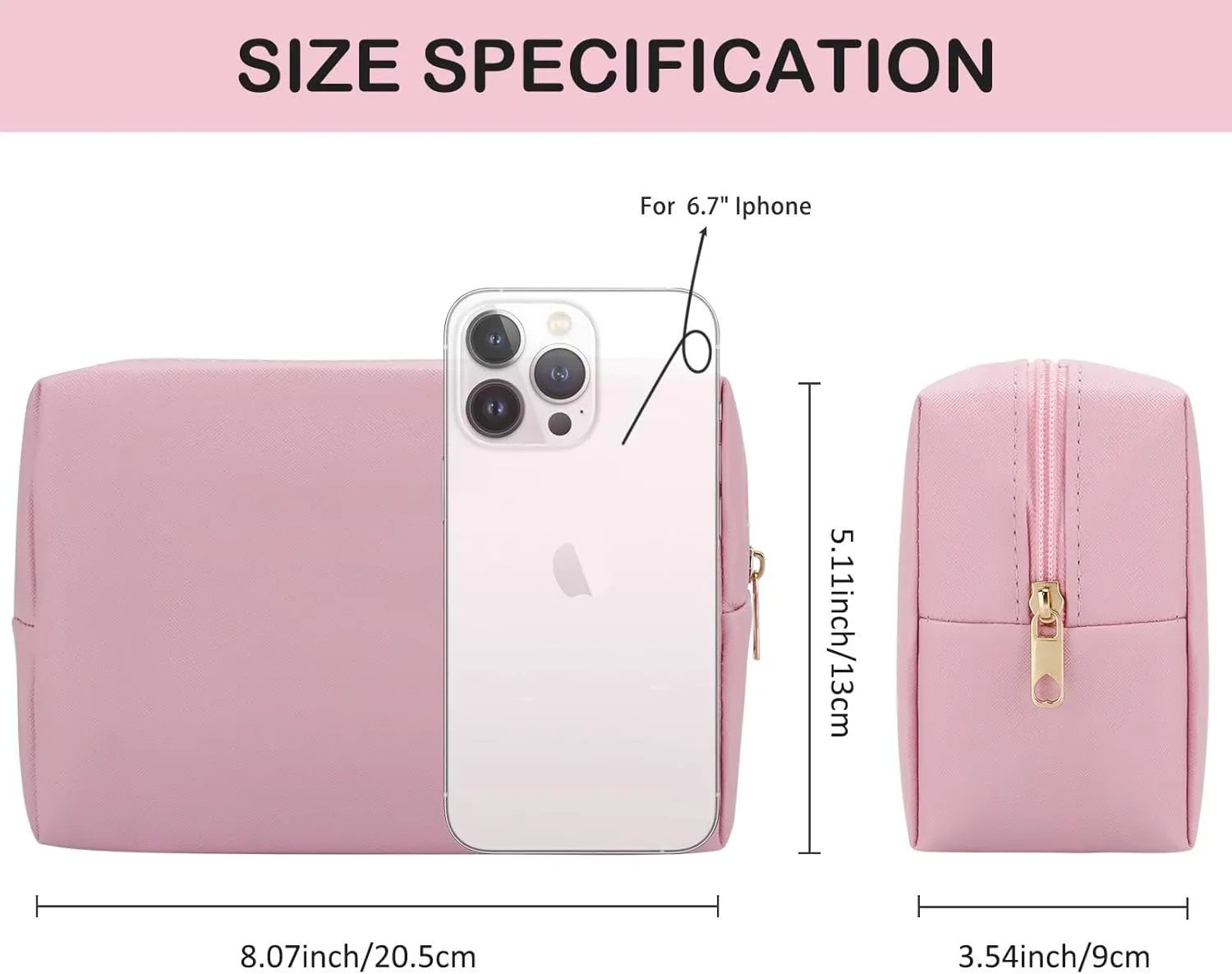DOB SECHS PU Leather Cosmetic Bag Portable Toiletry Bag for Daily Use Cosmetic Organizer Water-resistant Make up Organizer Light Weight Travel Makeup Bag Cosmetic Pouch (Pink, L)