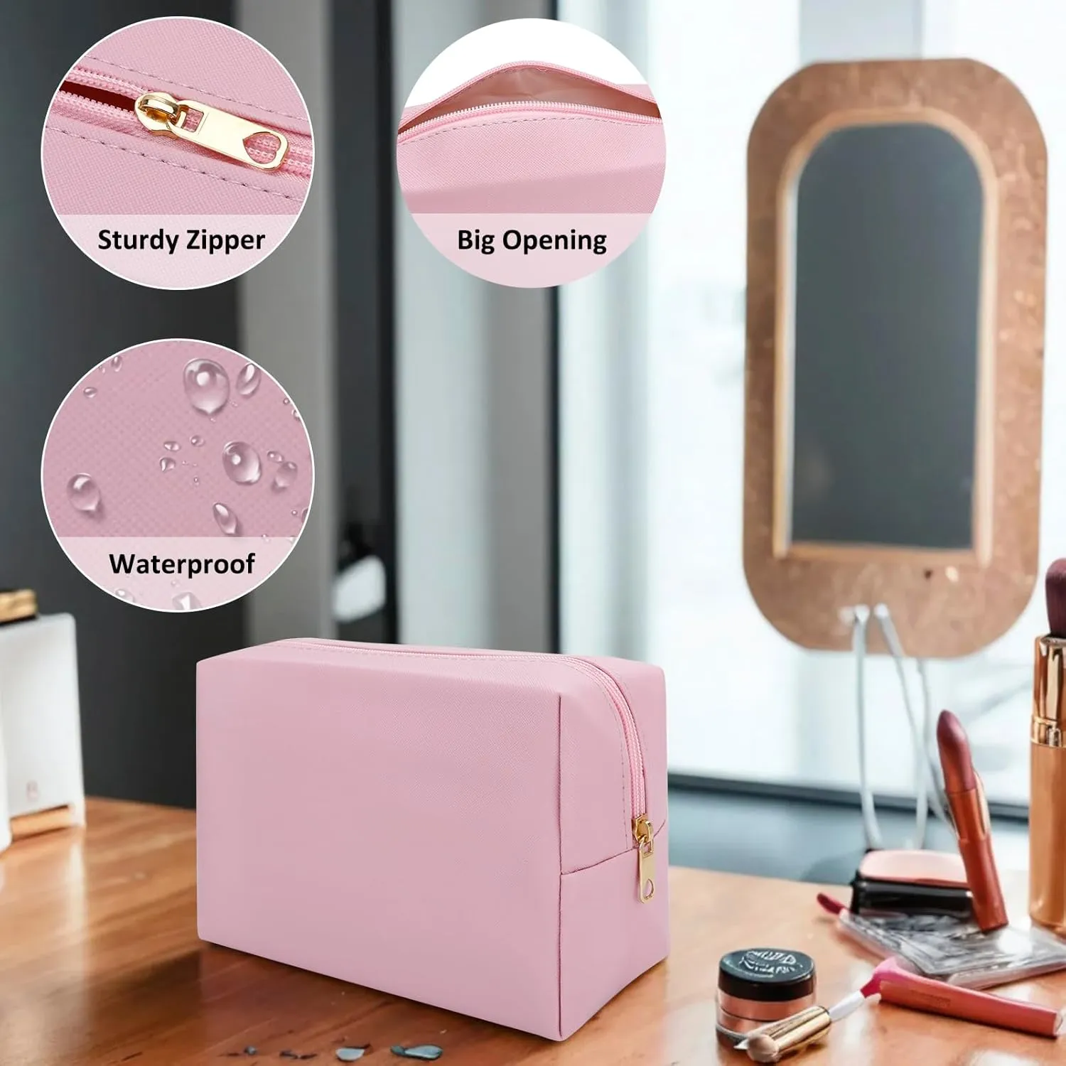 DOB SECHS PU Leather Cosmetic Bag Portable Toiletry Bag for Daily Use Cosmetic Organizer Water-resistant Make up Organizer Light Weight Travel Makeup Bag Cosmetic Pouch (Pink, L)