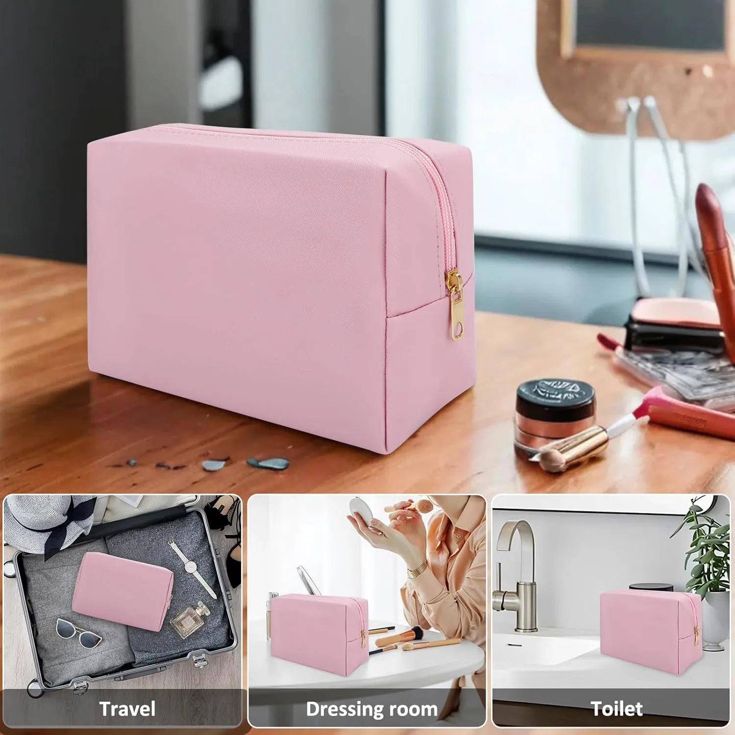 DOB SECHS PU Leather Cosmetic Bag Portable Toiletry Bag for Daily Use Cosmetic Organizer Water-resistant Make up Organizer Light Weight Travel Makeup Bag Cosmetic Pouch (Pink, L)