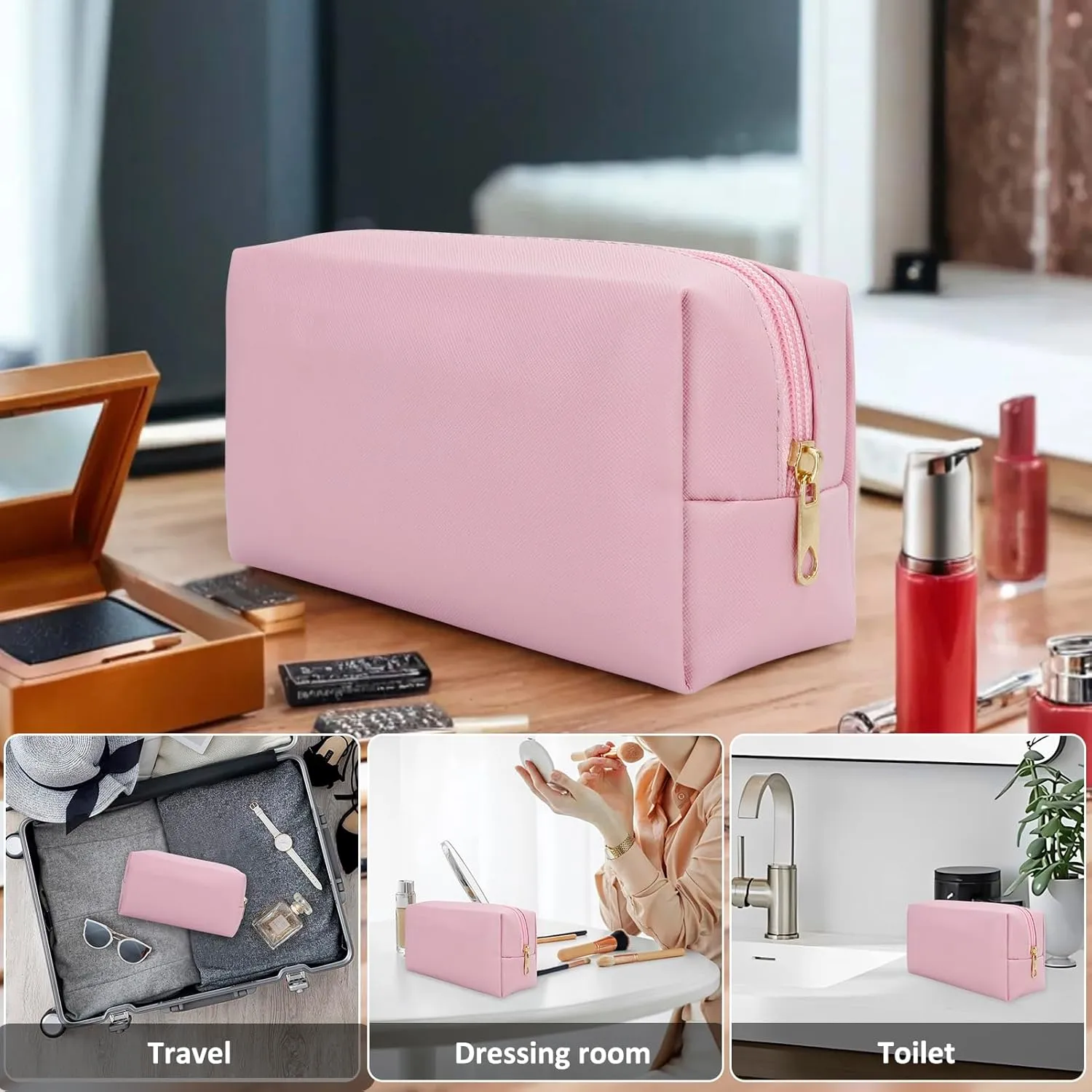 DOB SECHS PU Leather Cosmetic Bag Portable Toiletry Bag for Daily Use Cosmetic Organizer Water-resistant Make up Organizer Light Weight Travel Makeup Bag Cosmetic Pouch (Pink, S)