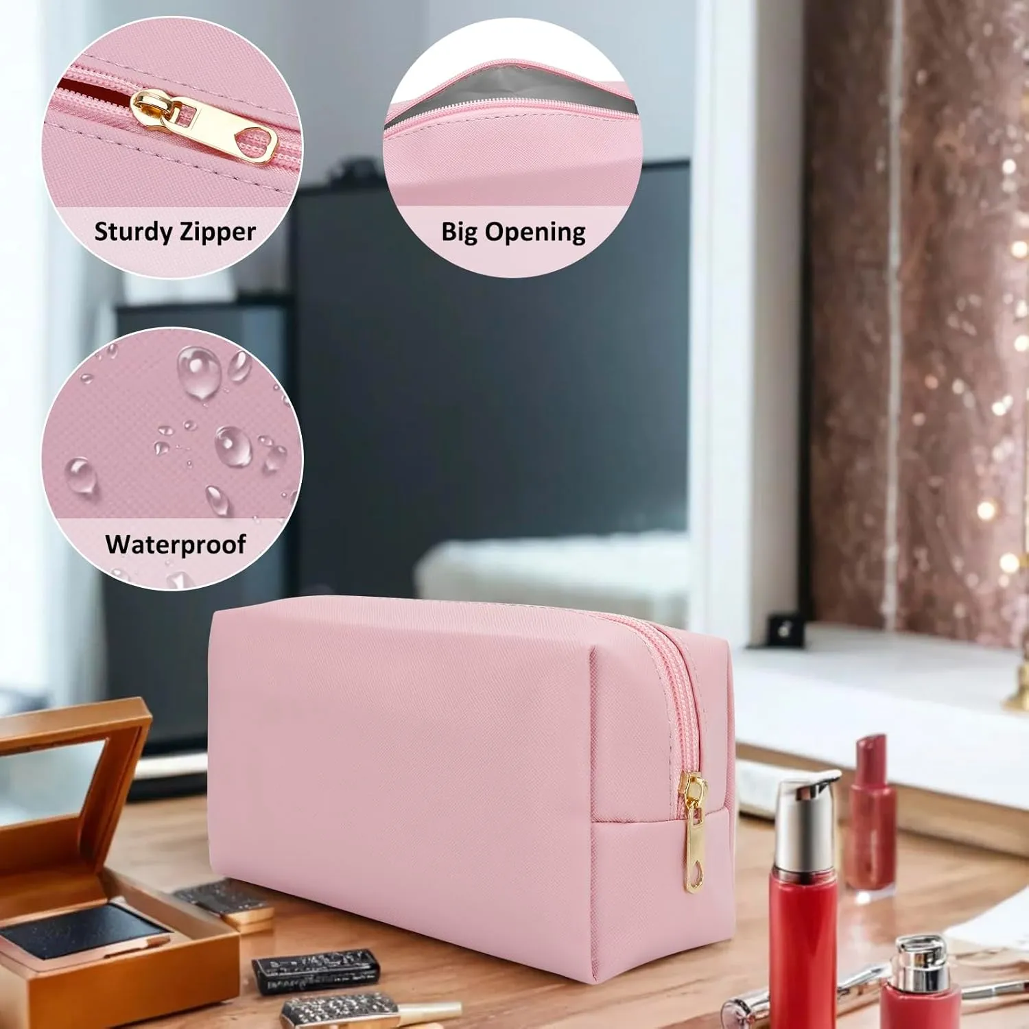 DOB SECHS PU Leather Cosmetic Bag Portable Toiletry Bag for Daily Use Cosmetic Organizer Water-resistant Make up Organizer Light Weight Travel Makeup Bag Cosmetic Pouch (Pink, S)