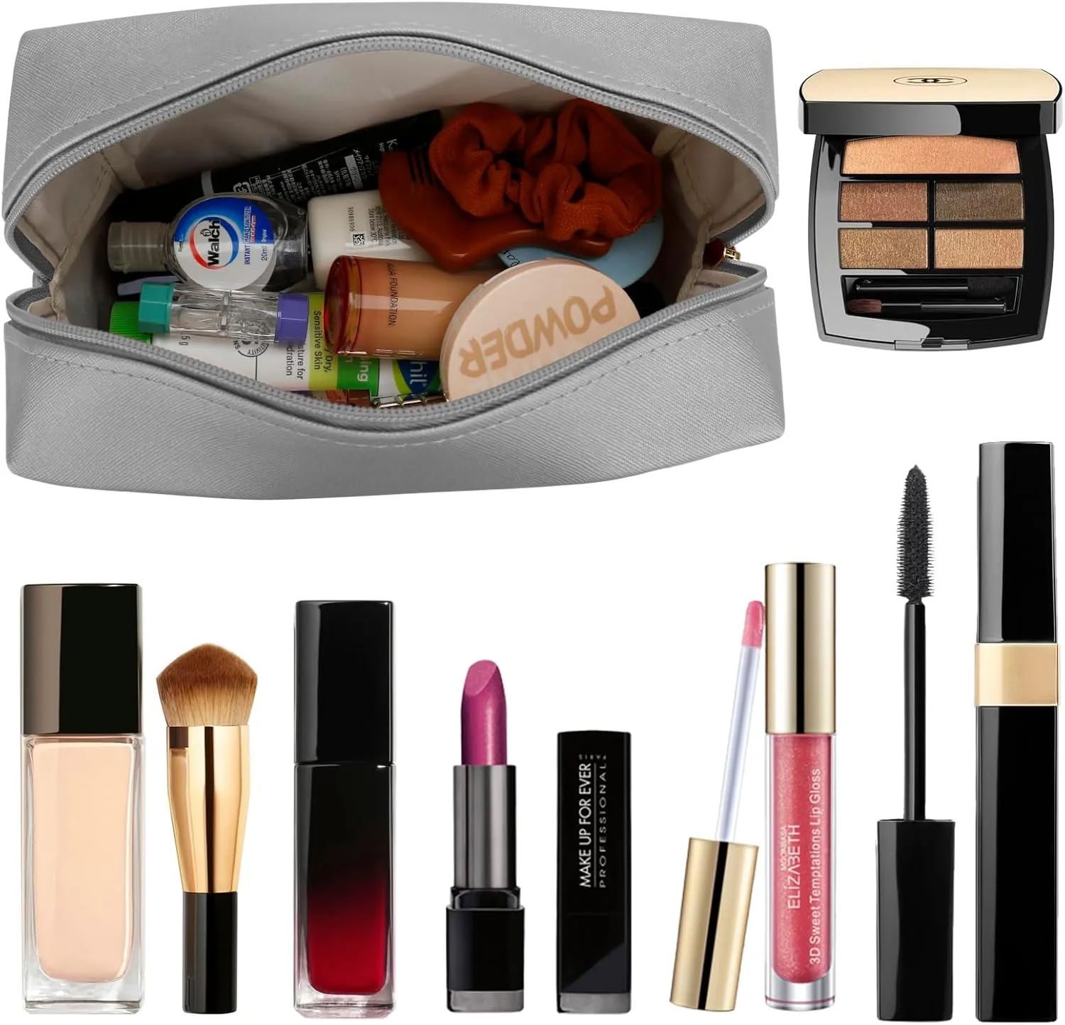DOB SECHS PU Leather Cosmetic Bag Portable Toiletry Bag for Daily Use Cosmetic Organizer Water-resistant Make up Organizer Light Weight Travel Makeup Bag Cosmetic Pouch (Sliver, L)
