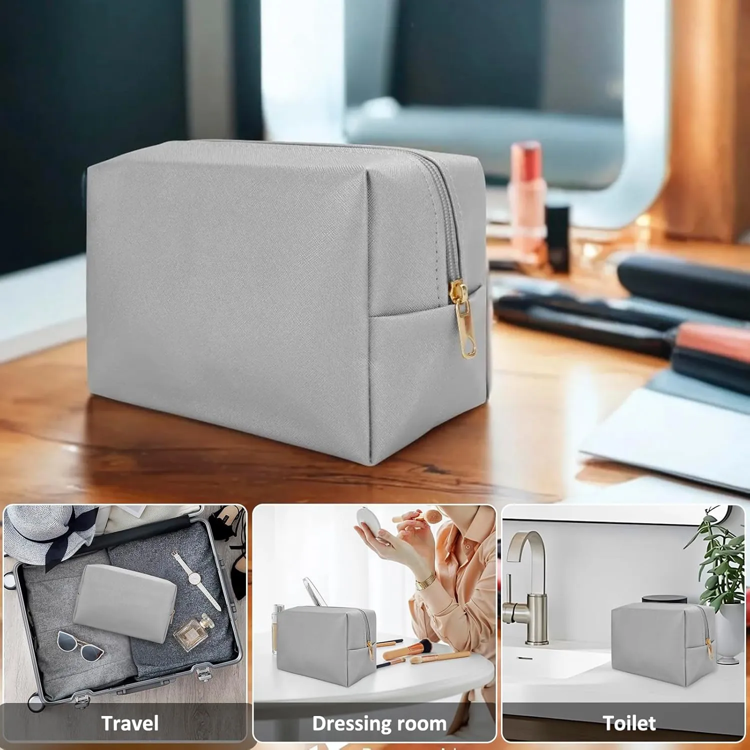 DOB SECHS PU Leather Cosmetic Bag Portable Toiletry Bag for Daily Use Cosmetic Organizer Water-resistant Make up Organizer Light Weight Travel Makeup Bag Cosmetic Pouch (Sliver, L)