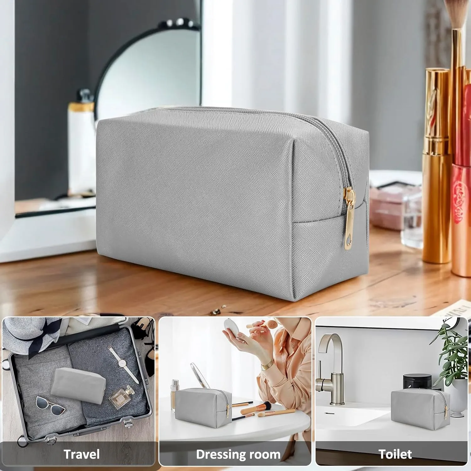 DOB SECHS PU Leather Cosmetic Bag Portable Toiletry Bag for Daily Use Cosmetic Organizer Water-resistant Make up Organizer Light Weight Travel Makeup Bag Cosmetic Pouch (Sliver, S)