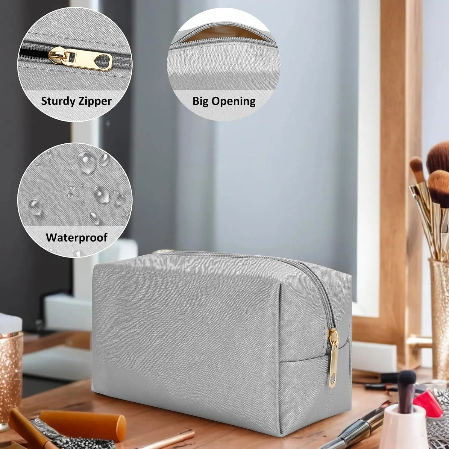 DOB SECHS PU Leather Cosmetic Bag Portable Toiletry Bag for Daily Use Cosmetic Organizer Water-resistant Make up Organizer Light Weight Travel Makeup Bag Cosmetic Pouch (Sliver, S)