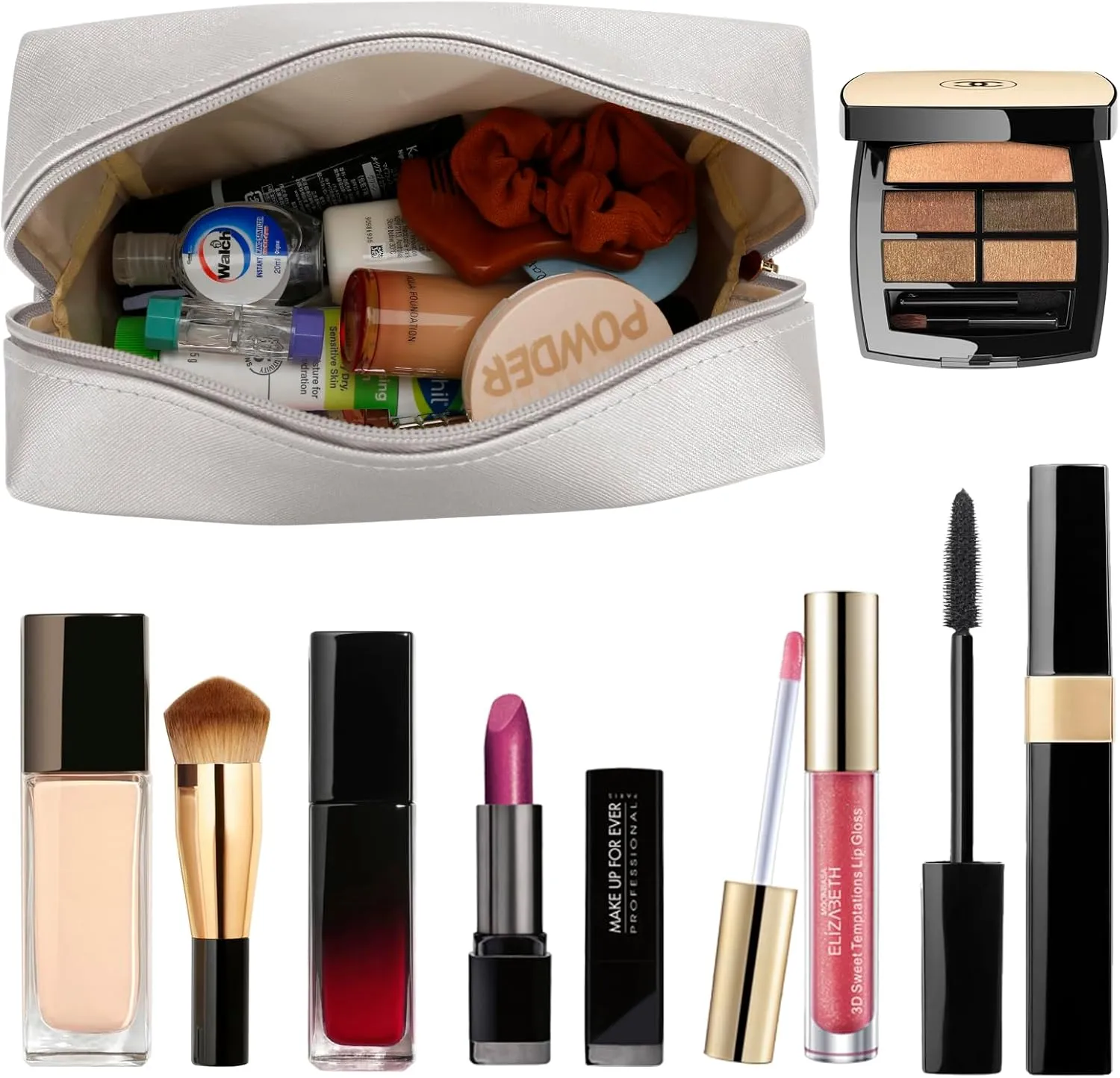 DOB SECHS PU Leather Cosmetic Bag Portable Toiletry Bag for Daily Use Cosmetic Organizer Water-resistant Make up Organizer Light Weight Travel Makeup Bag Cosmetic Pouch (White, L)