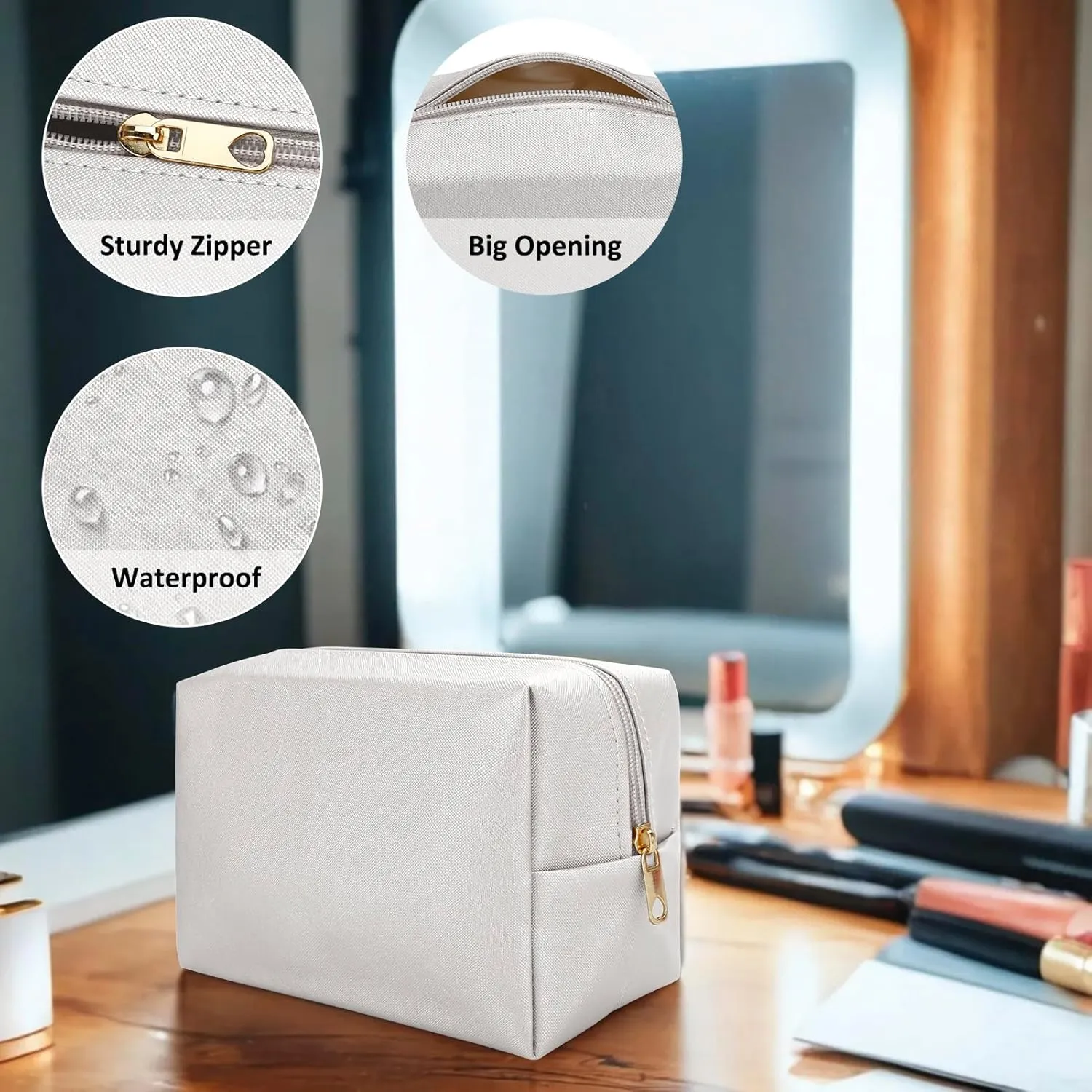 DOB SECHS PU Leather Cosmetic Bag Portable Toiletry Bag for Daily Use Cosmetic Organizer Water-resistant Make up Organizer Light Weight Travel Makeup Bag Cosmetic Pouch (White, L)
